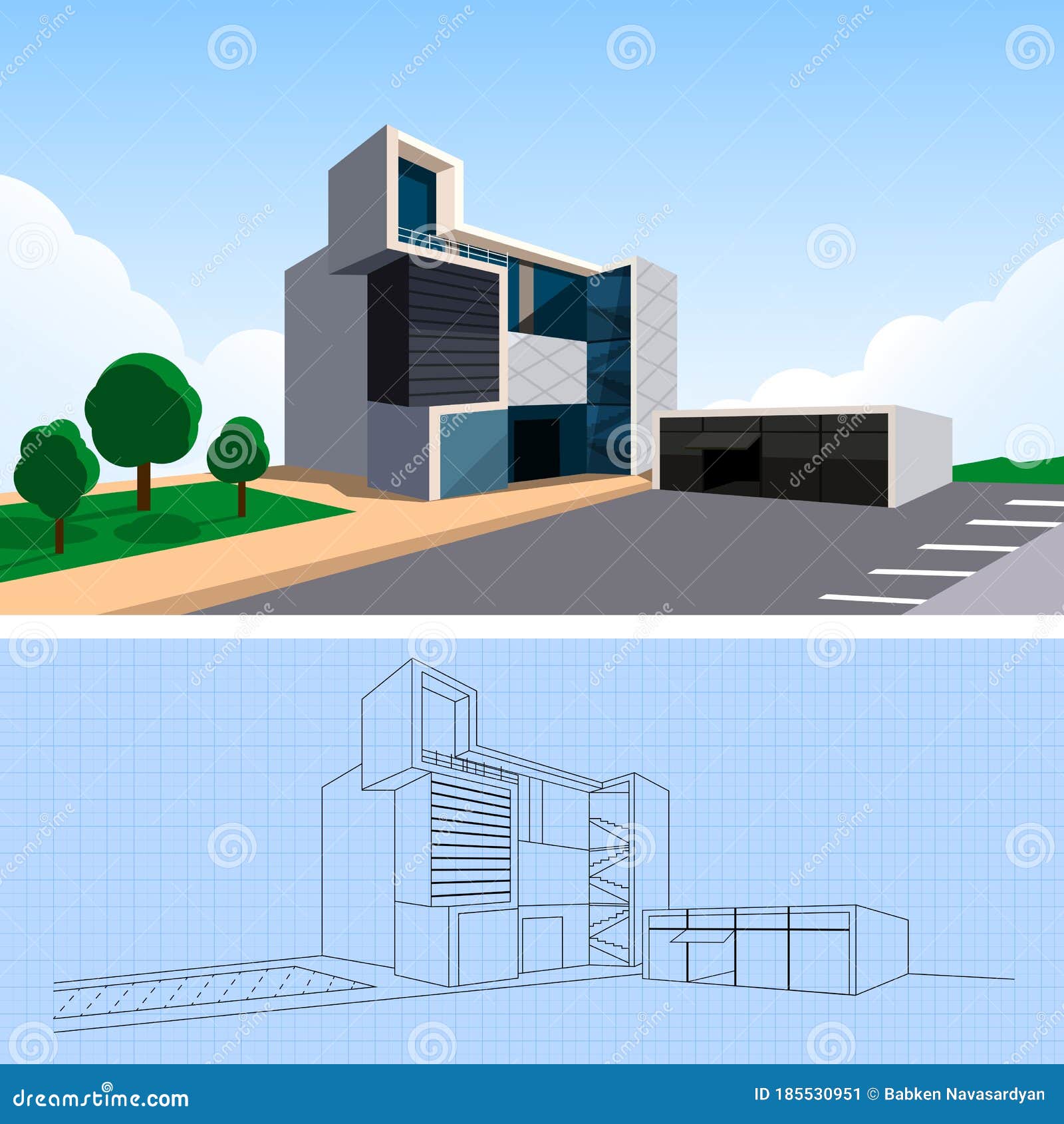 Architectural Drawing of the Building Stock Vector Illustration of modern, vector 185530951