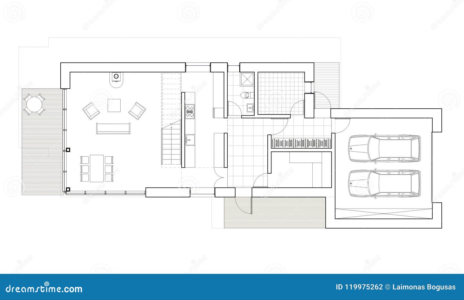 Drawing Floor Plan Of The Single Family House With Garage Stock