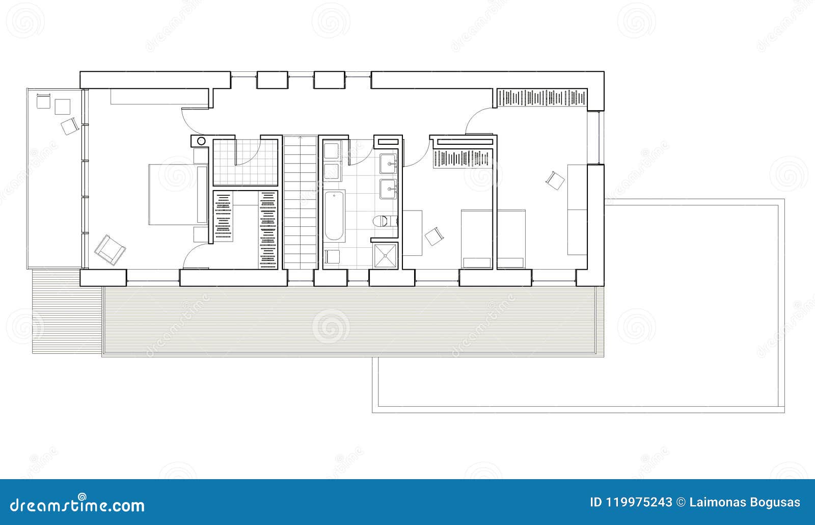 Drawing Floor Plan Of The Single Family House With Garage Stock