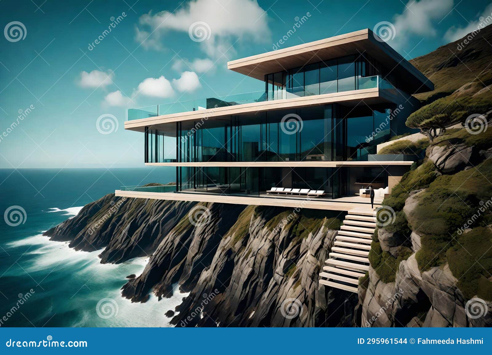 An Architectural Masterpiece a Cantilevered, Glasswalled Modern House Stock Illustration