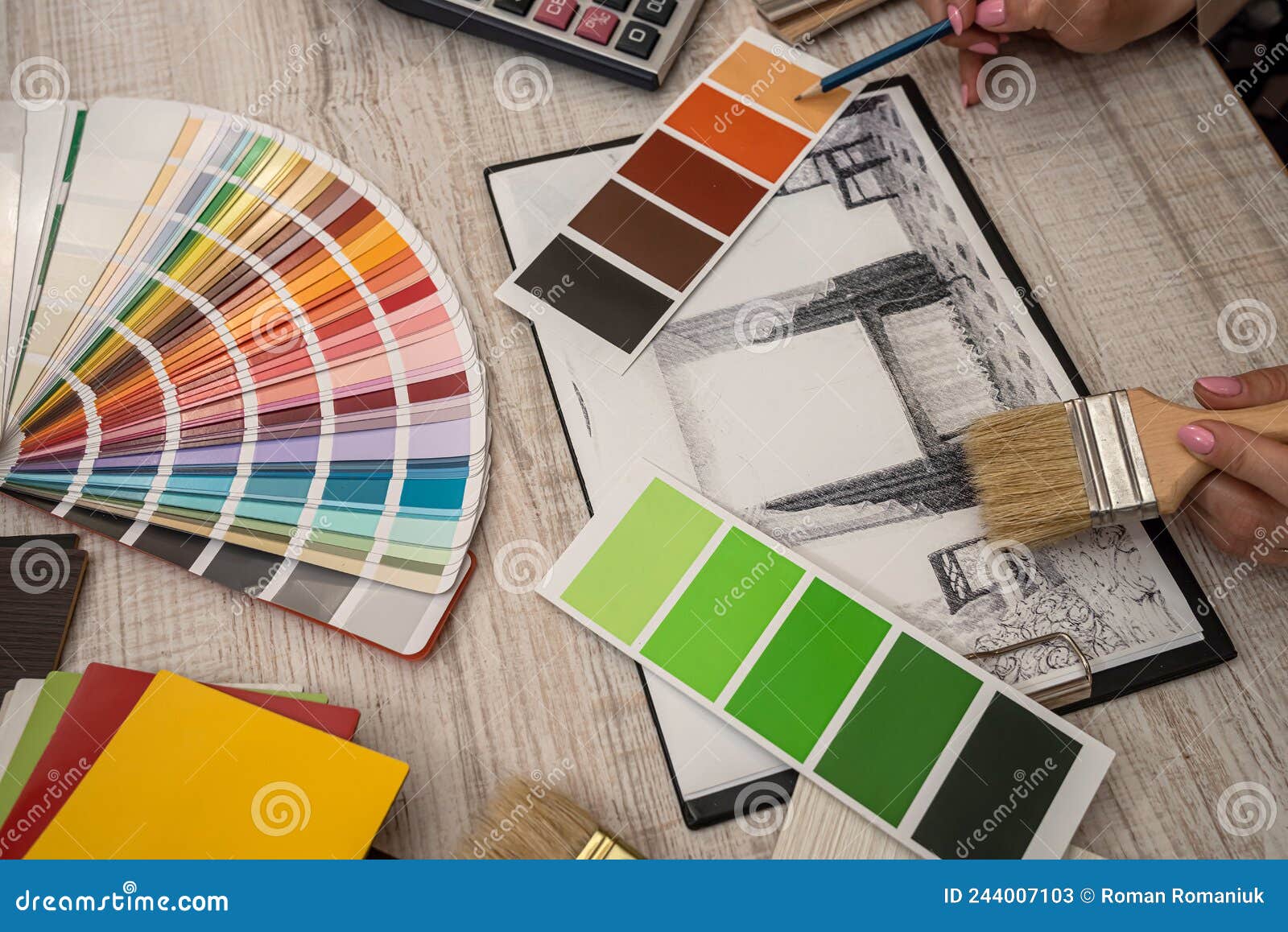 Architectural Plan With Color Sample Palette Designer Working Stock Architectural Plan With Color Sample Palette Designer Working Stock