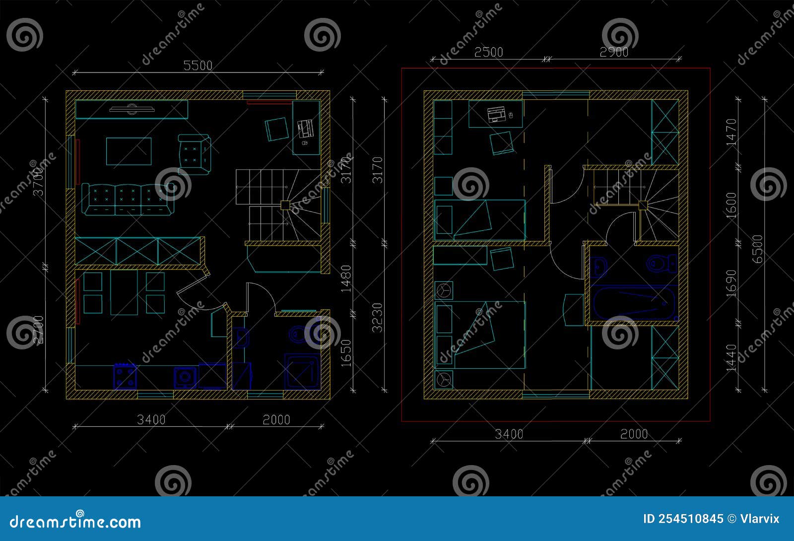 Architectural Plan of Small House in Two Floors with Dimensions on