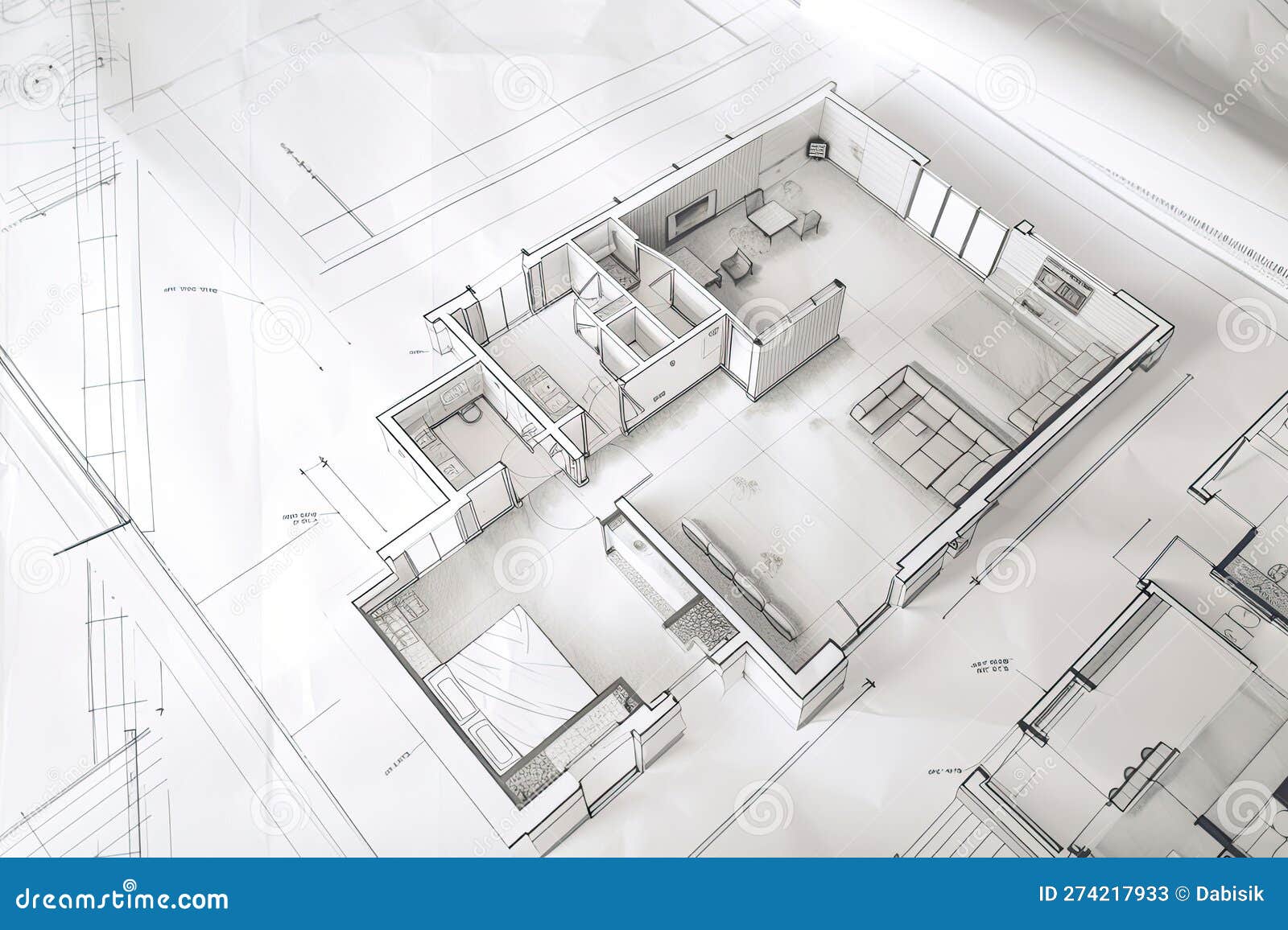 Architectural plan on white paper. Technical project of living room. Drawing  for construction. Created with Generative AI 21982127 Stock Photo at  Vecteezy
