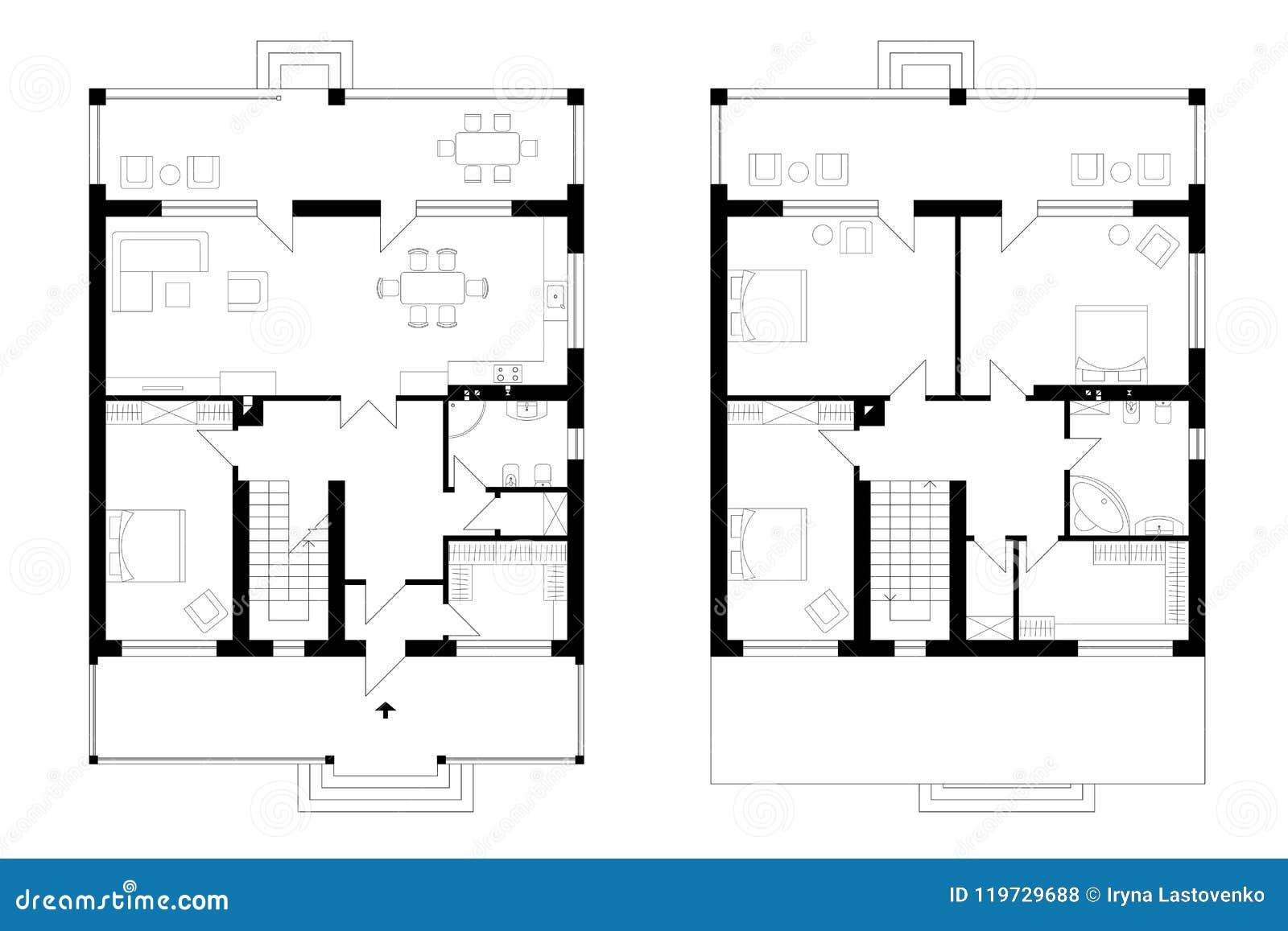 Architectural Plan Of A Two Storey Manor House With A Terrace T