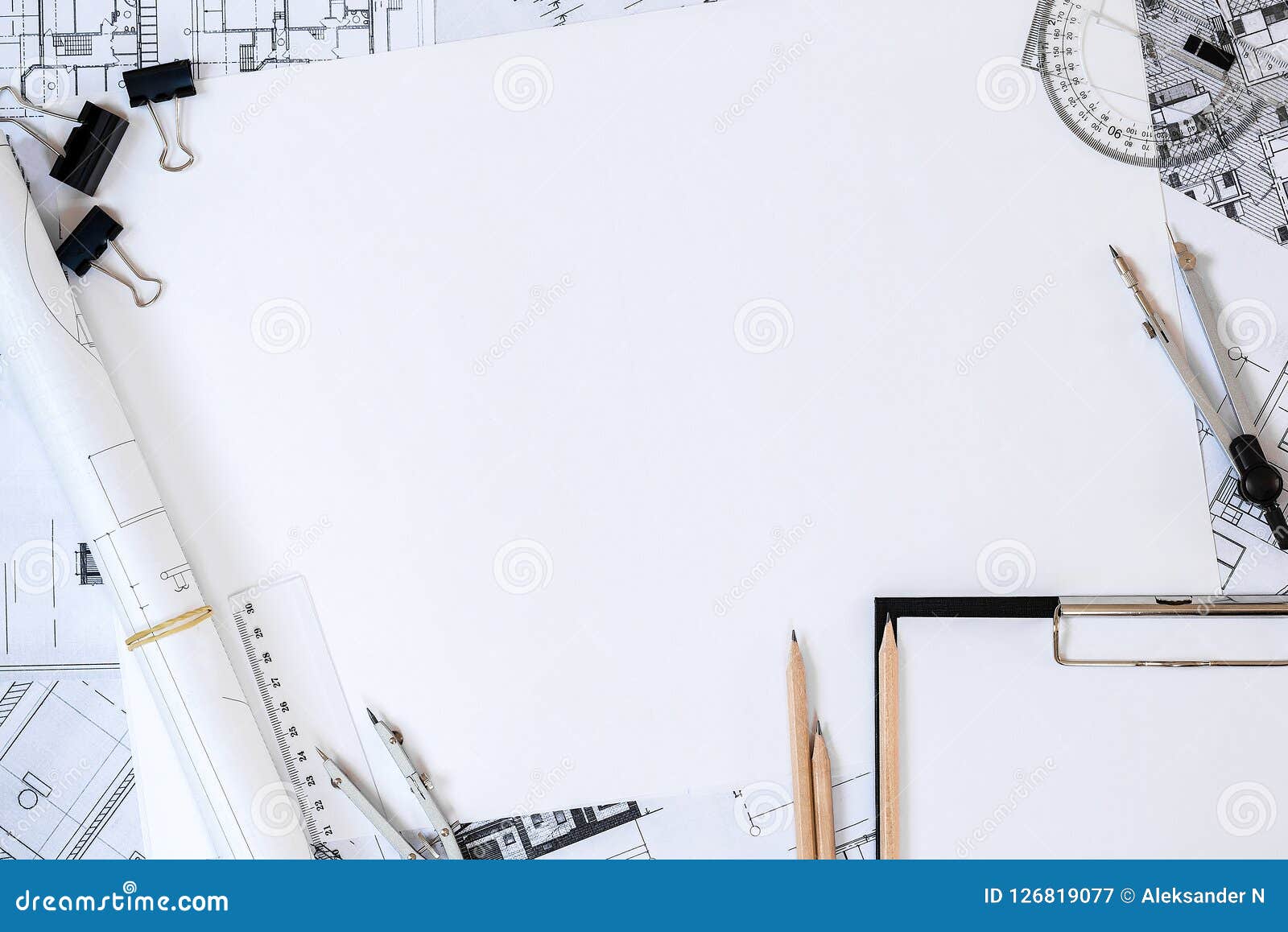 architectural plans, pencil and ruler on the table. place for your text