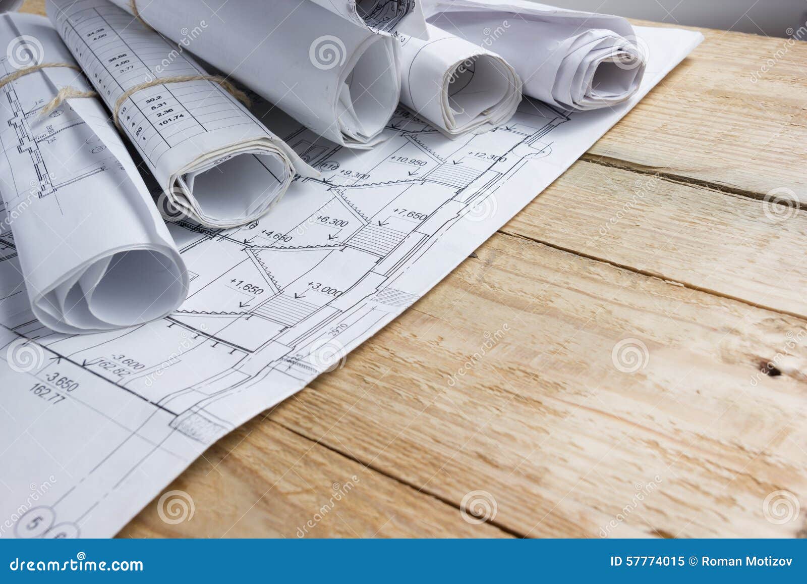 Architectural Project, Blueprints, Blueprint Rolls On Vintage Wooden