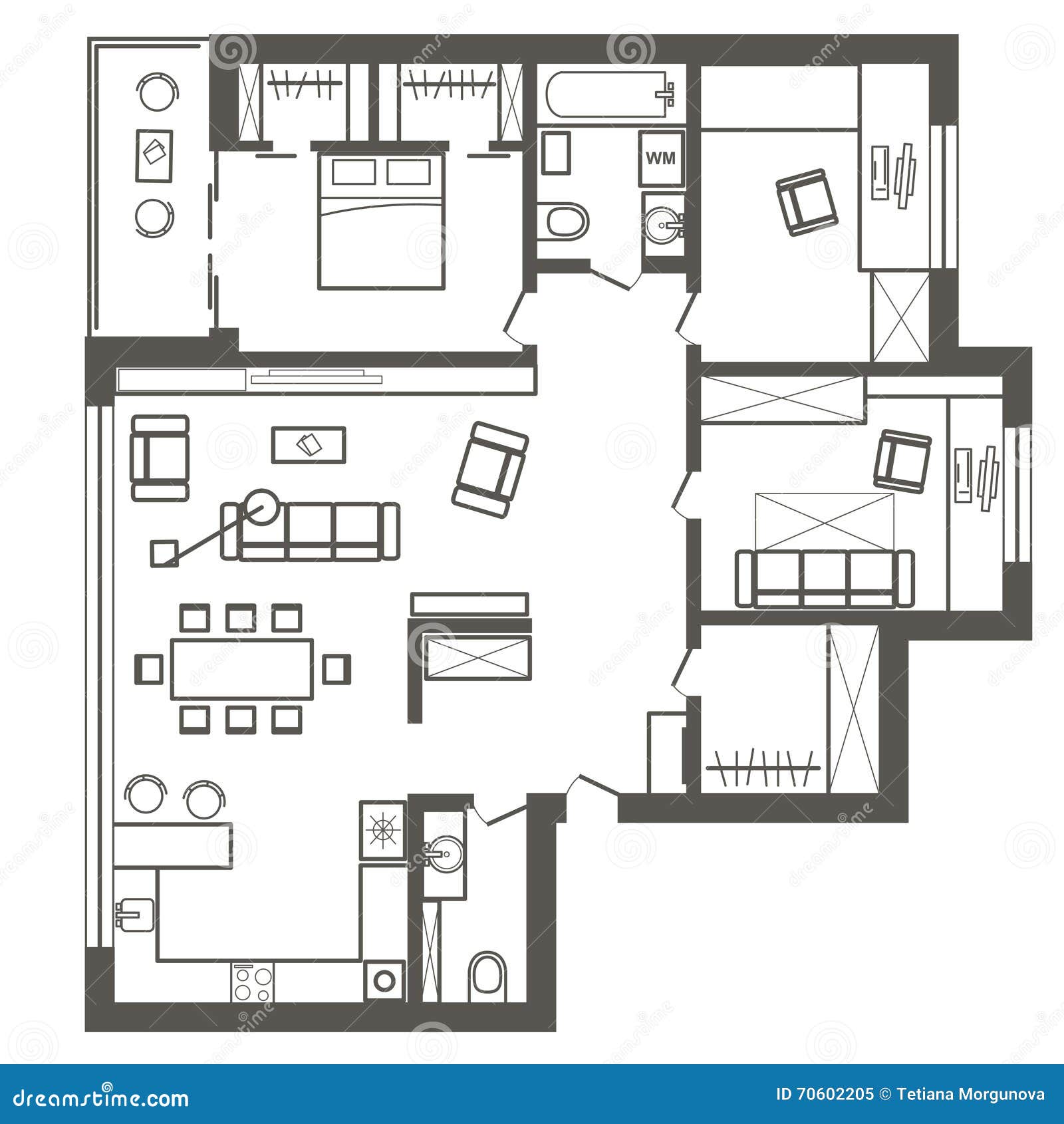 Architectural Sketch  Plan  Of Three  Bedroom  Apartment Stock 