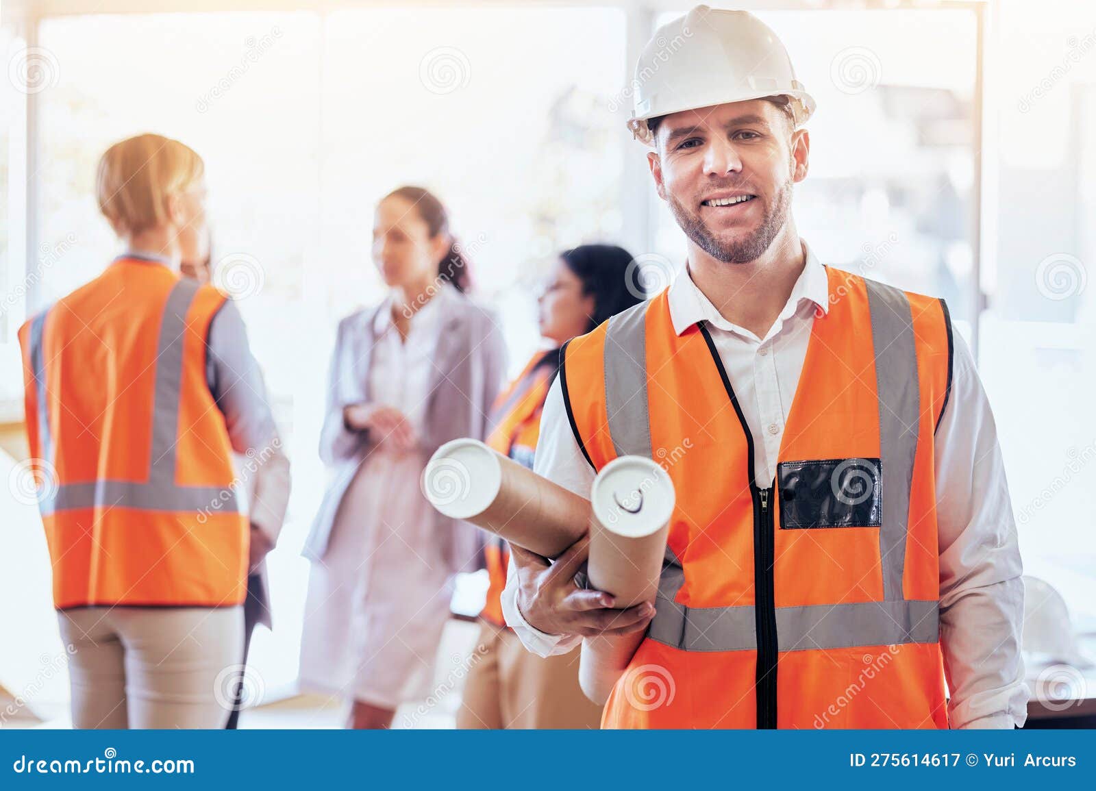 Architecture, Blueprint and Portrait of Man on Construction Site for Planning, Engineering and