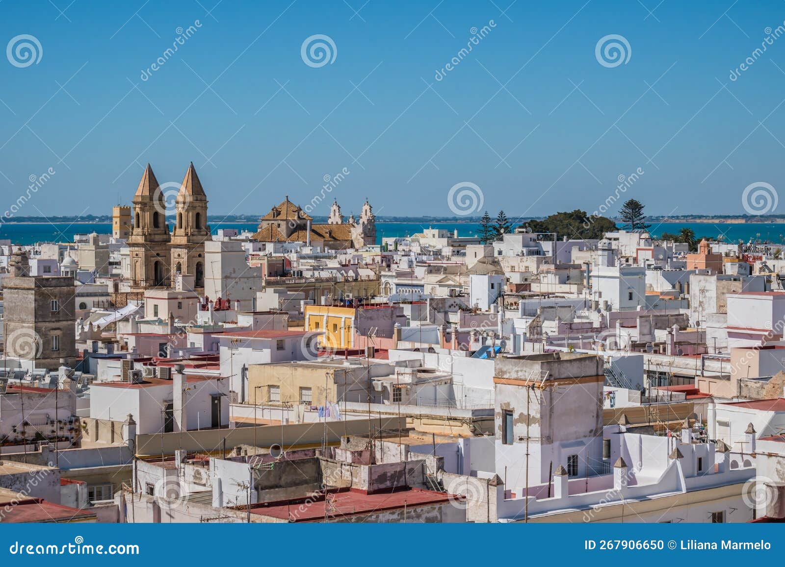 architecture of cÃ¡diz from a viewpoint with church towers and the sea in the background, spain