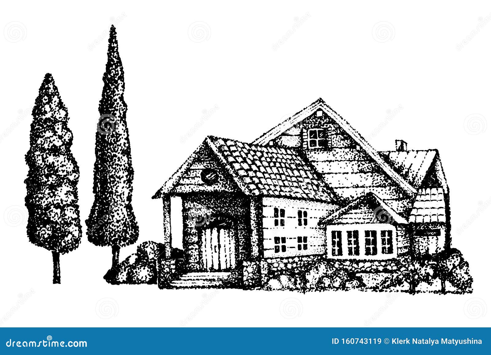 The Architecture of a Country House, a Rural Hacienda, a Summer Residence,  a Villa in the Southern Province. Hand Drawing Line and Stock Illustration  - Illustration of architectural, italy: 160743119