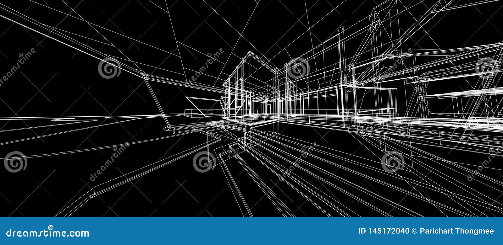 Architecture Design Concept 3d Perspective Wire Frame Rendering Black  Background Stock Illustration - Illustration of plan, architectural:  145172040