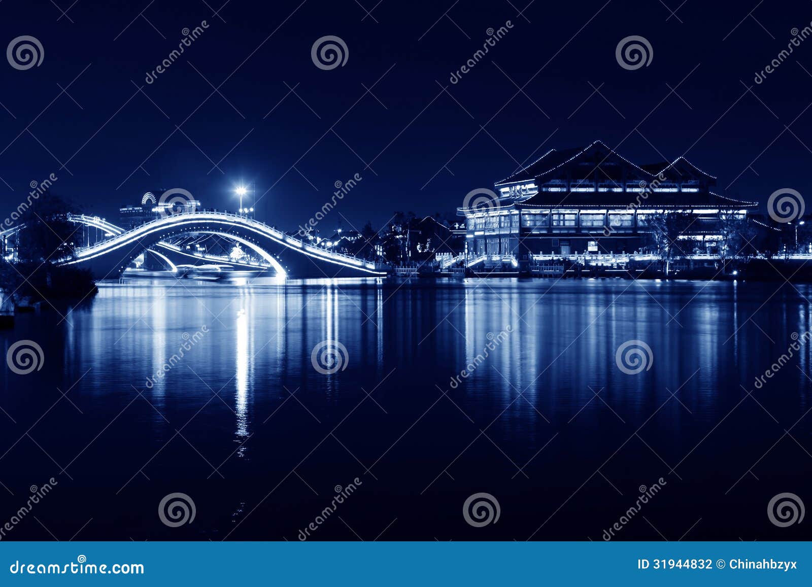 FENGNAN - MAY 11: Architecture landscape at night in a park in a park in HuiFeng Lake Park on May 11, 2013, Fengnan, Hebei Province, China.