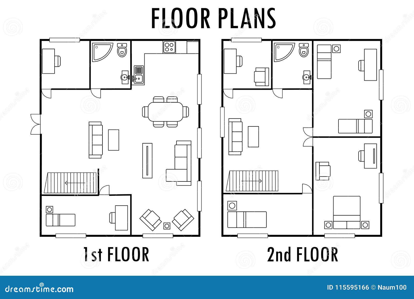 Architecture Plan With Furniture. House First And Second