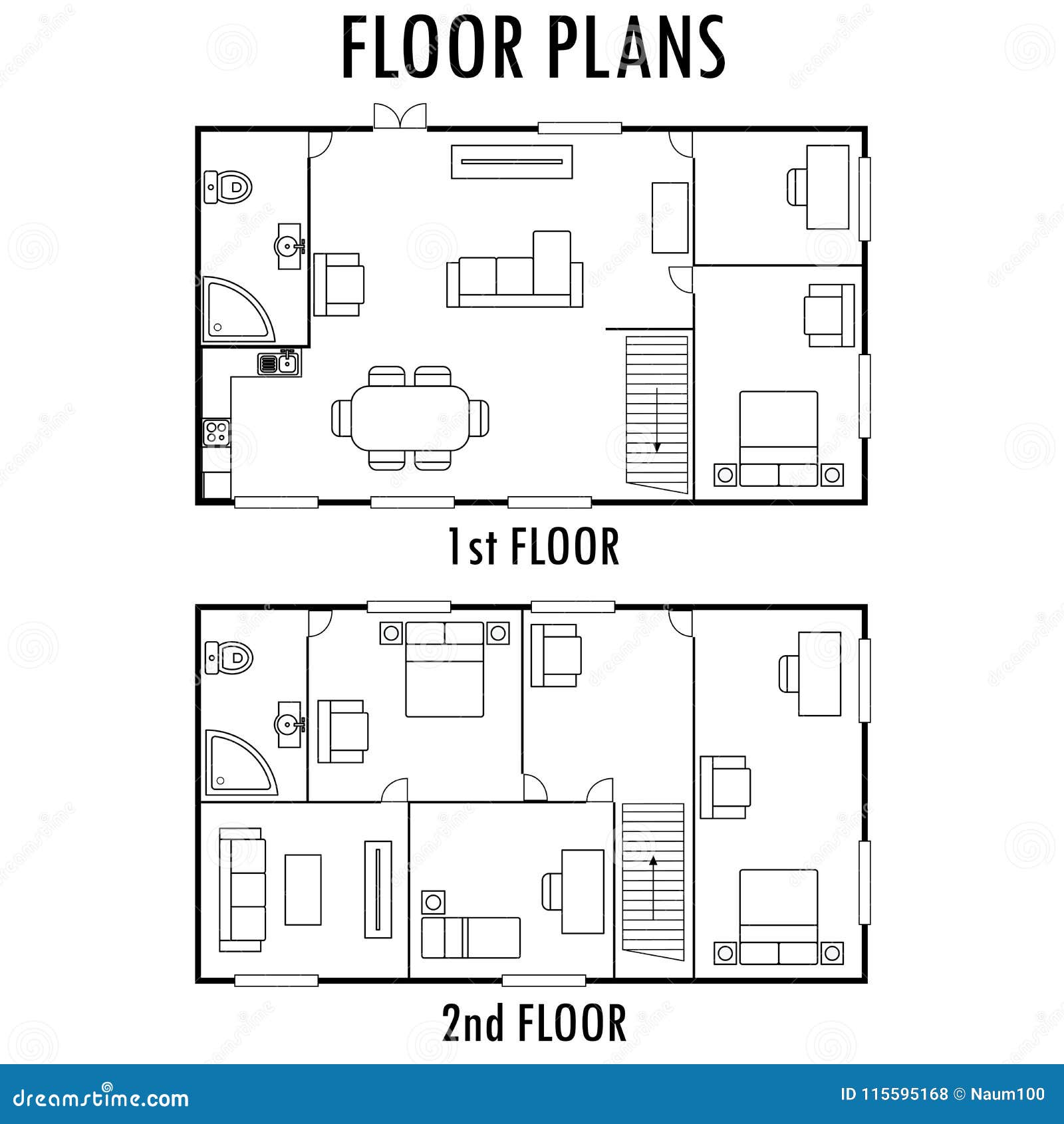 Architecture Plan With Furniture. House First And Second