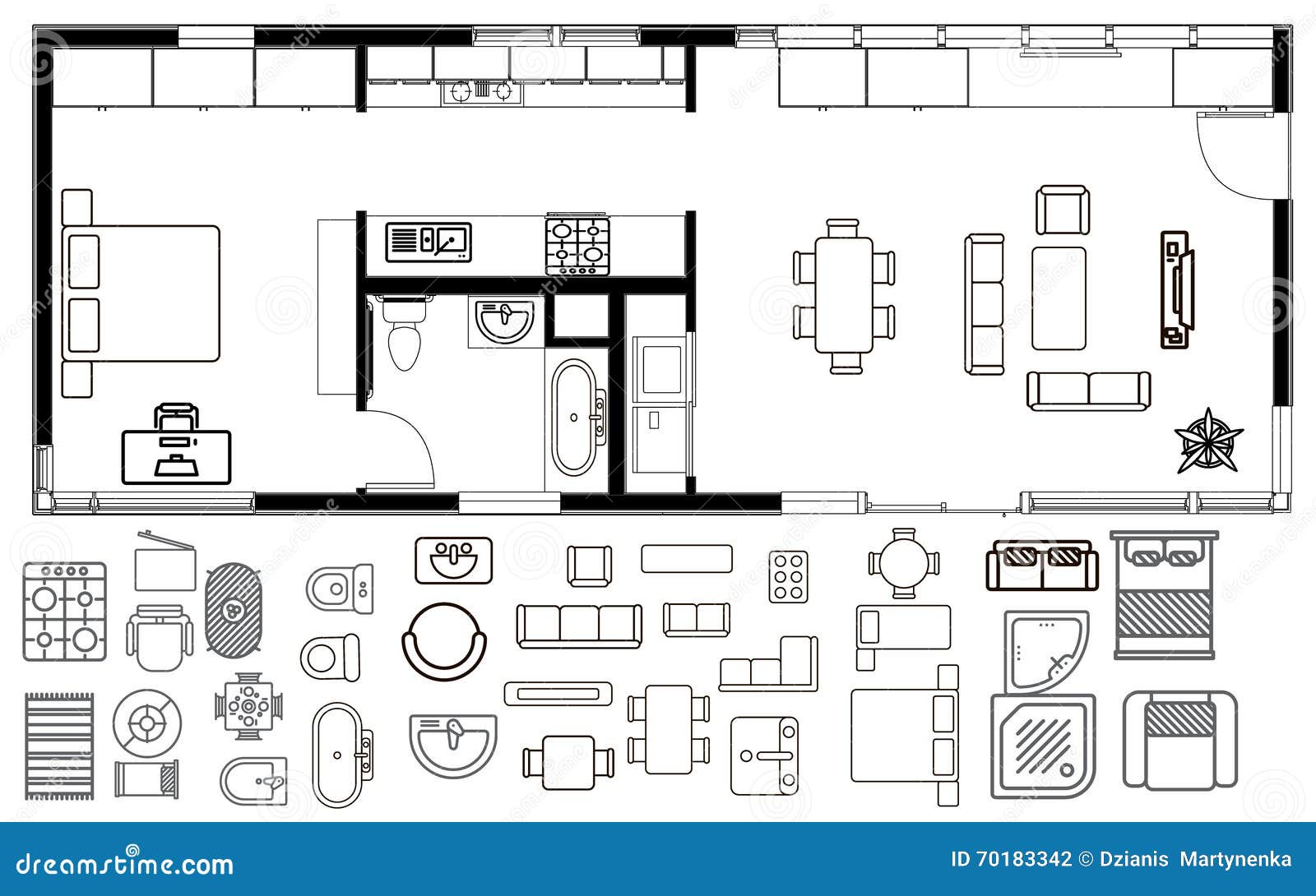 Architecture Plan With Furniture In Top View Stock Vector 