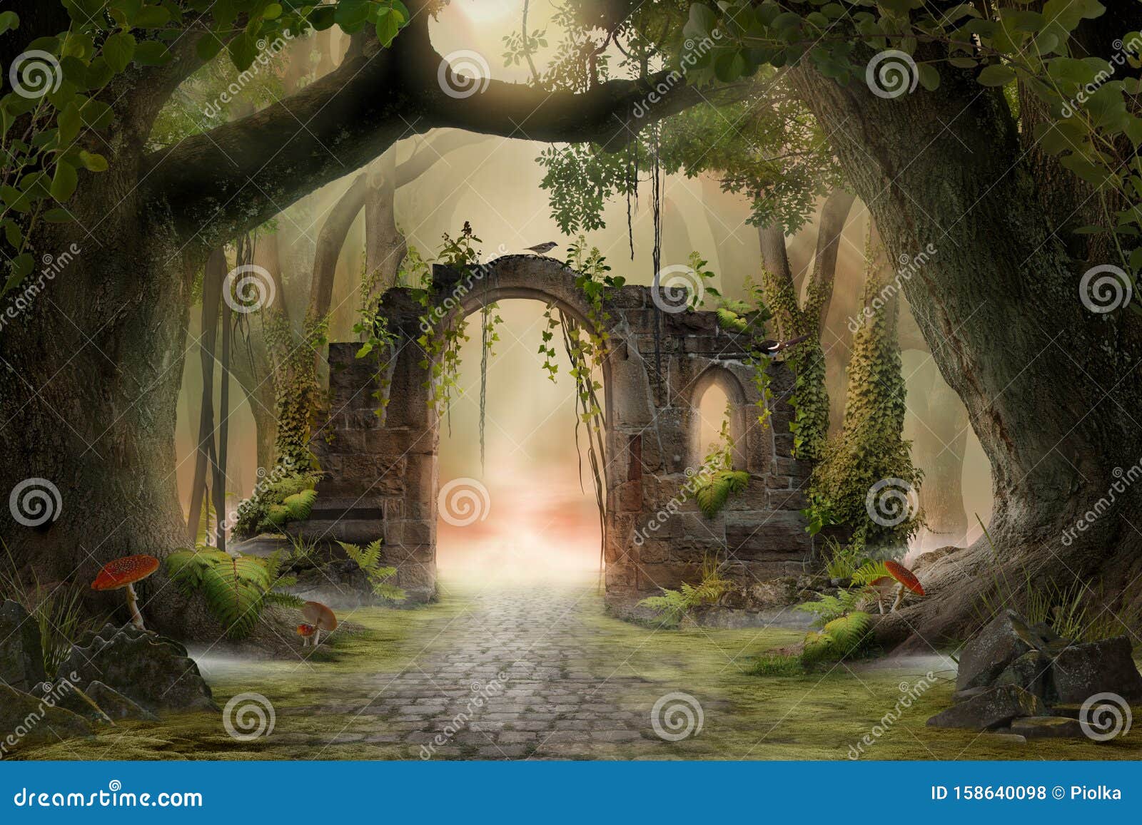 archway in an enchanted fairy forest landscape, misty dark mood,