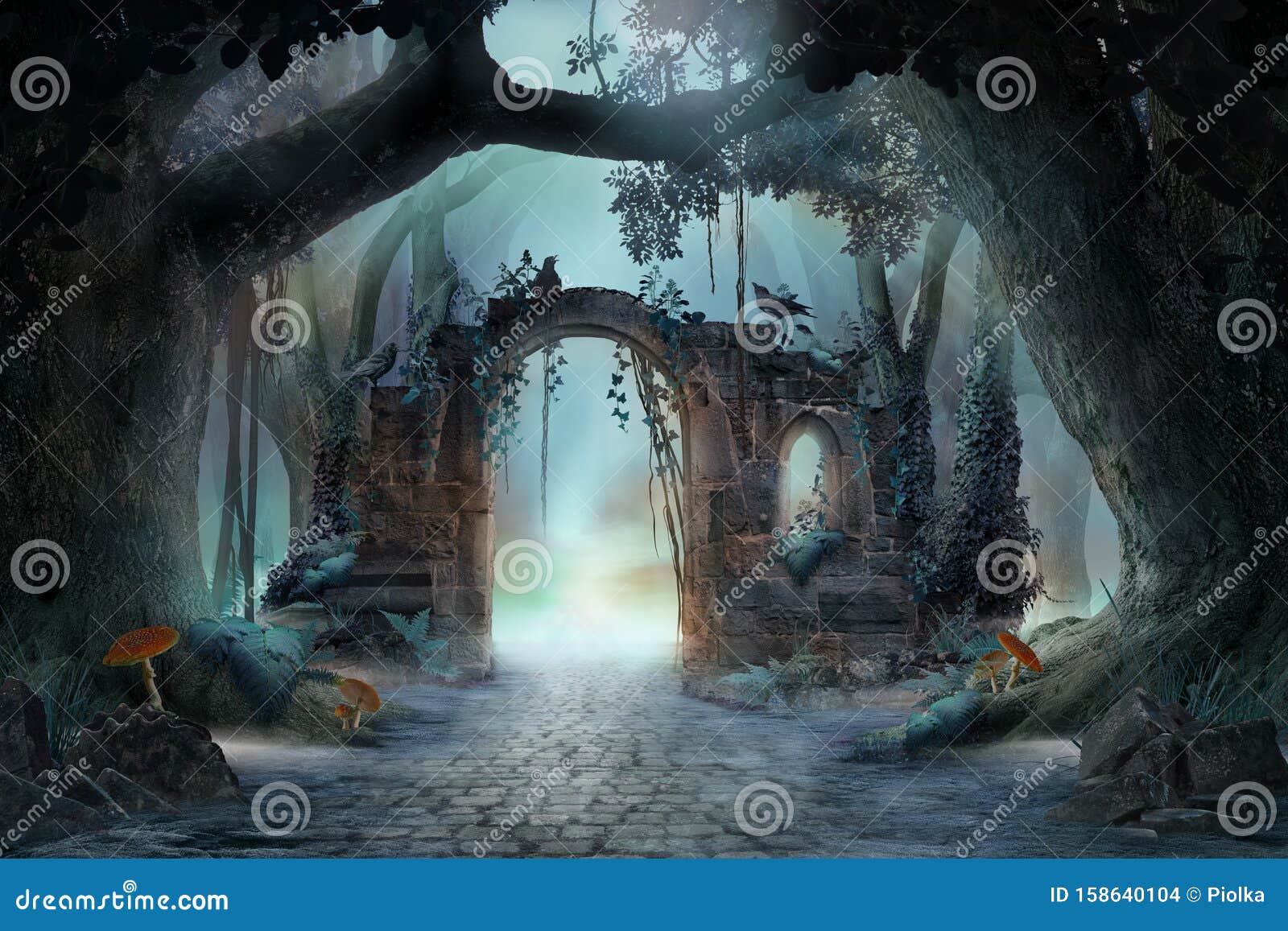 archway in an enchanted fairy forest landscape, misty dark mood,