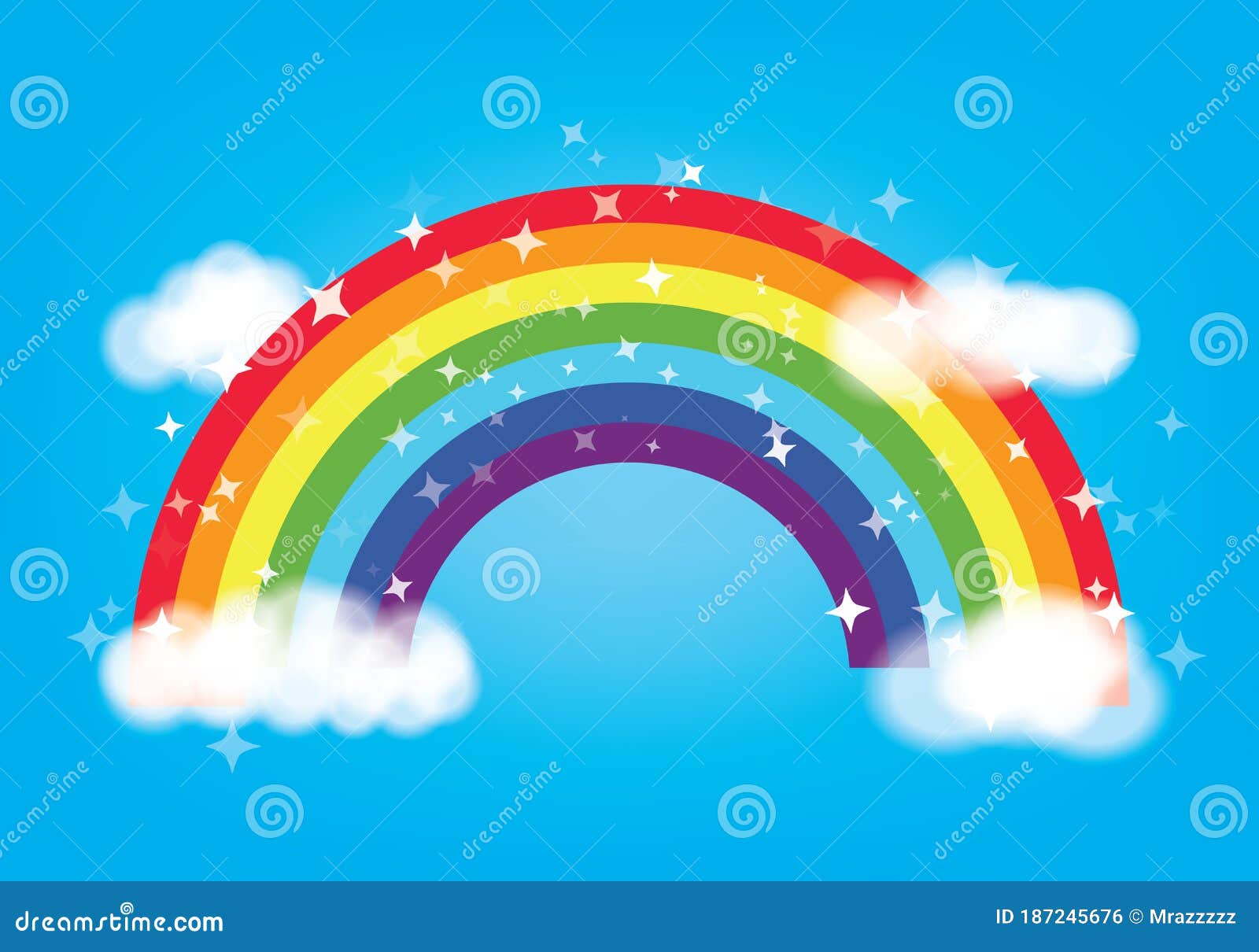 Arco Arcoiris De Dibujos Animados Clásicos Con Nubes Sobre Fondo Azul Del  Cielo. Espectro Vívido. Ilustración del Vector - Ilustración de nubes,  verano: 187245676