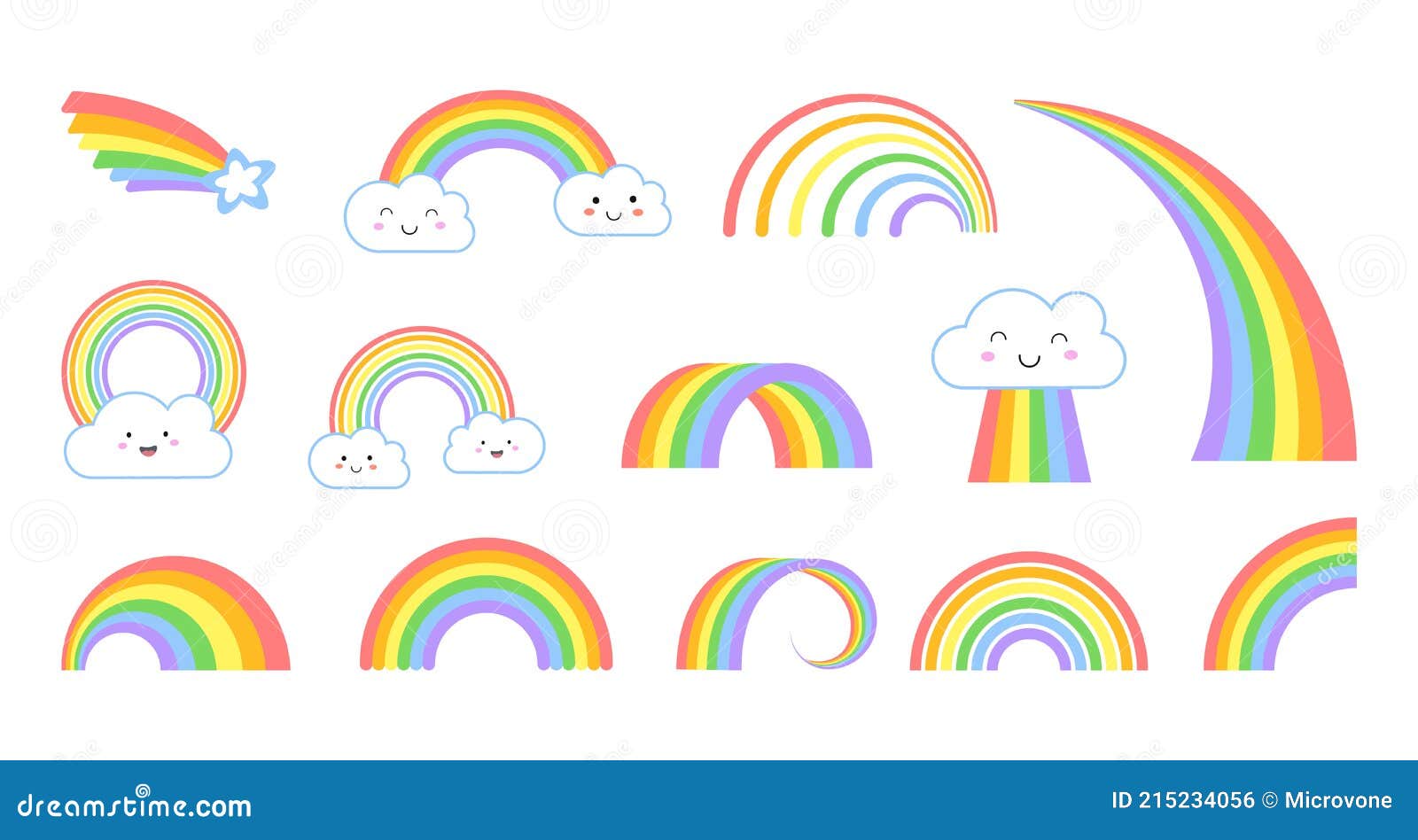 Arco Iris. Dibujos Animados Plano Arco Iris Iconos Símbolo Divertido Con  Kawaii Cara Nubes. Niños Símbolos Meteorológicos Aislado Ilustración del  Vector - Ilustración de objeto, feliz: 215234056