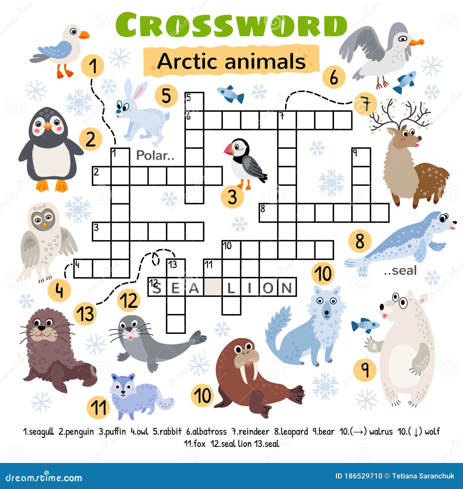 Arctic Animals Crossword Game For Preschool Kids Stock Vector Illustration Of Adorable Activity 186529710