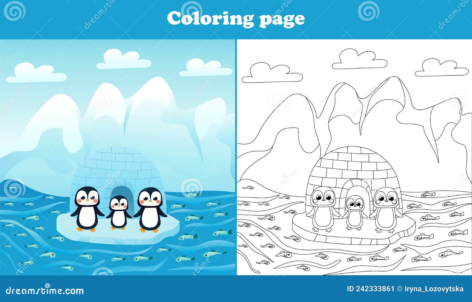 Arctic Landscape for Kids with Cute Penguin Characters, Coloring Page