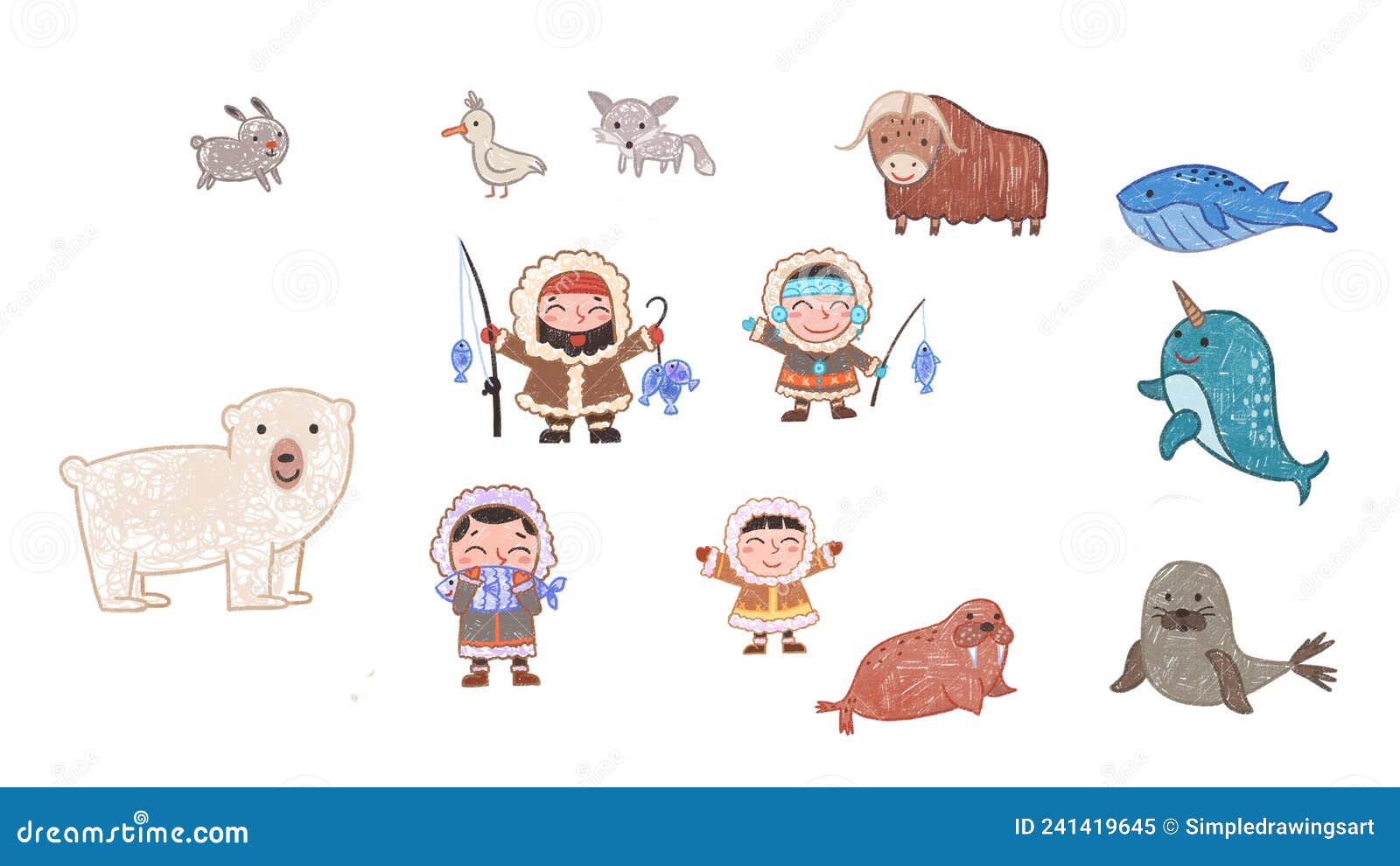 Arctic People and Animals. Cartoon Drawing Cute Animal Oil Pastel Drawing  Crayon Doodle for Children Book Illustration Stock Illustration -  Illustration of crayon, kids: 241419645