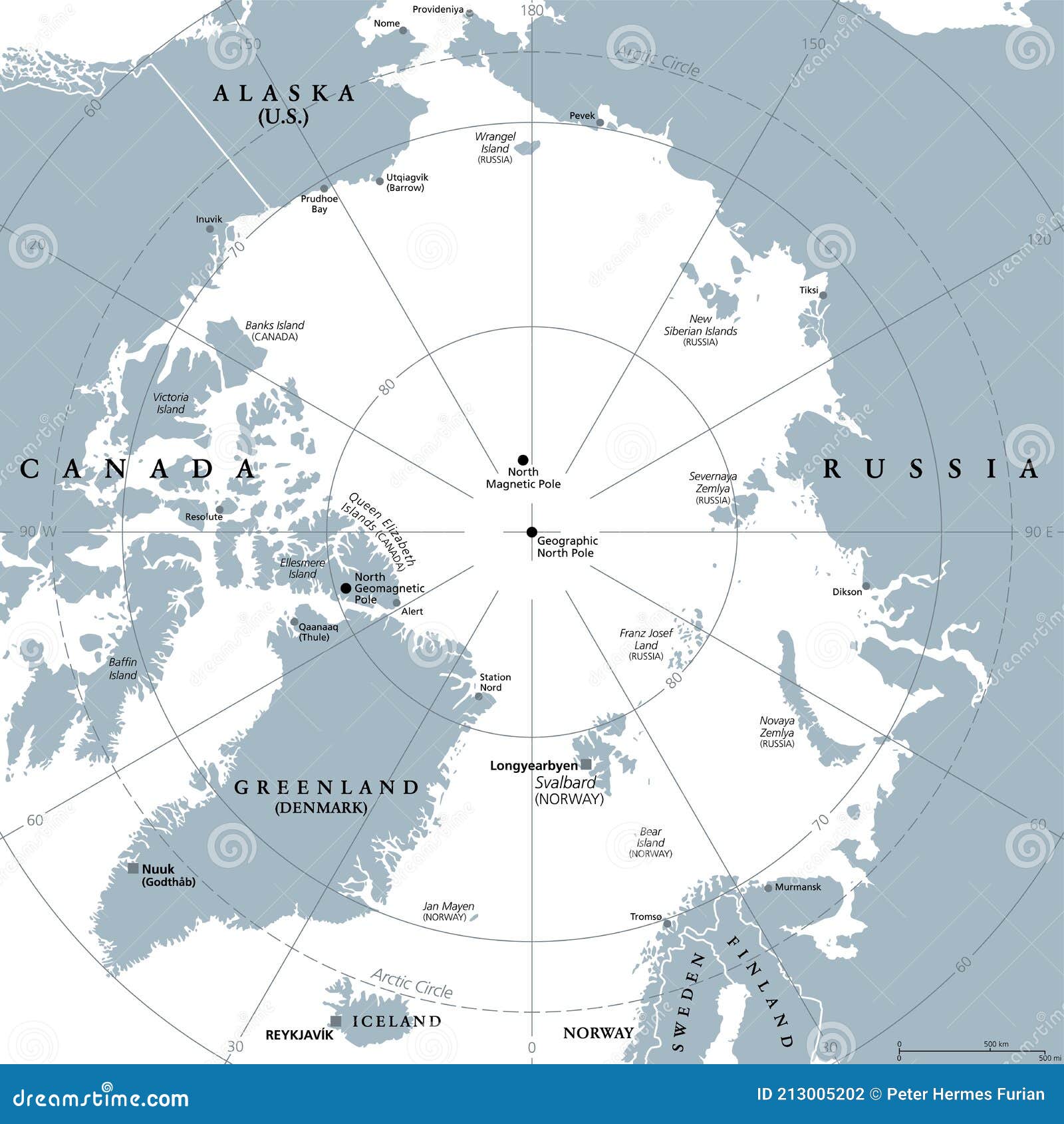 arctic region, polar region around north pole, gray political map