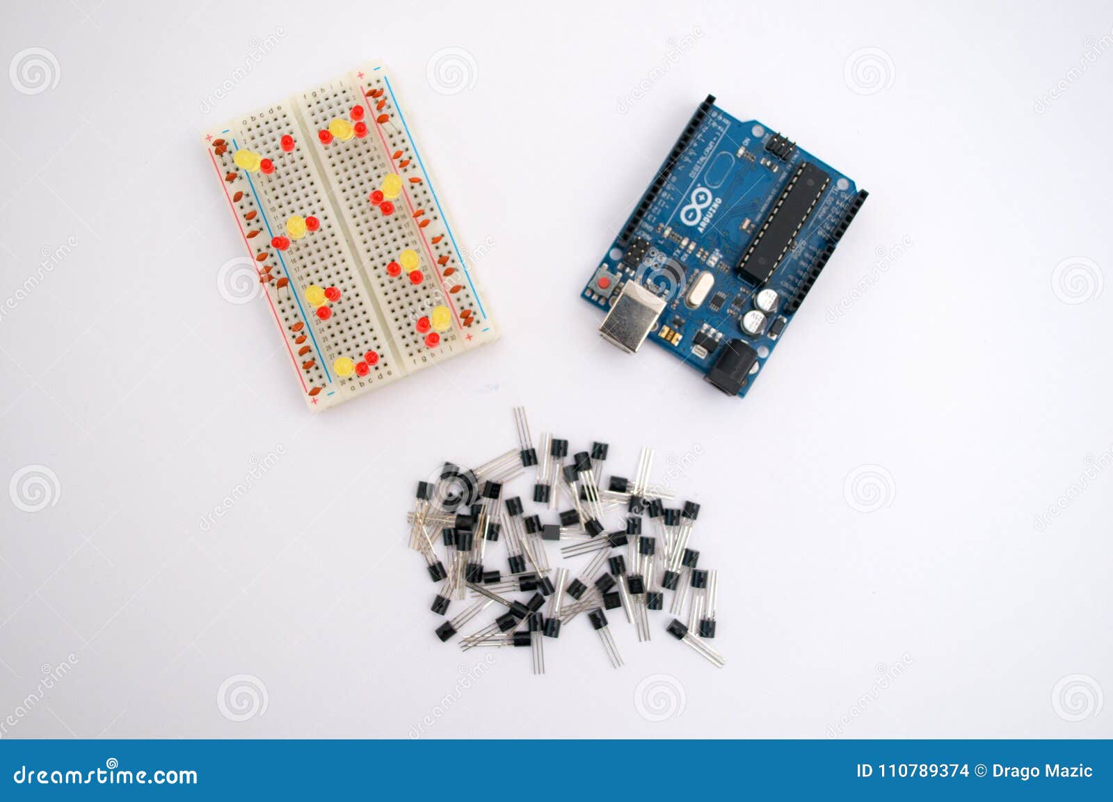 Arduino, Transistors, Protoboard With LED Lined Up Stock Photo Image