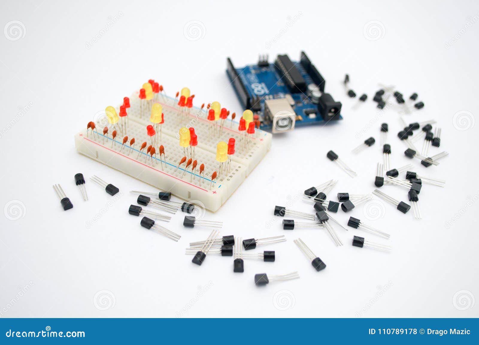 Arduino, Transistors, Protoboard With LED Lined Up Stock Photo Image