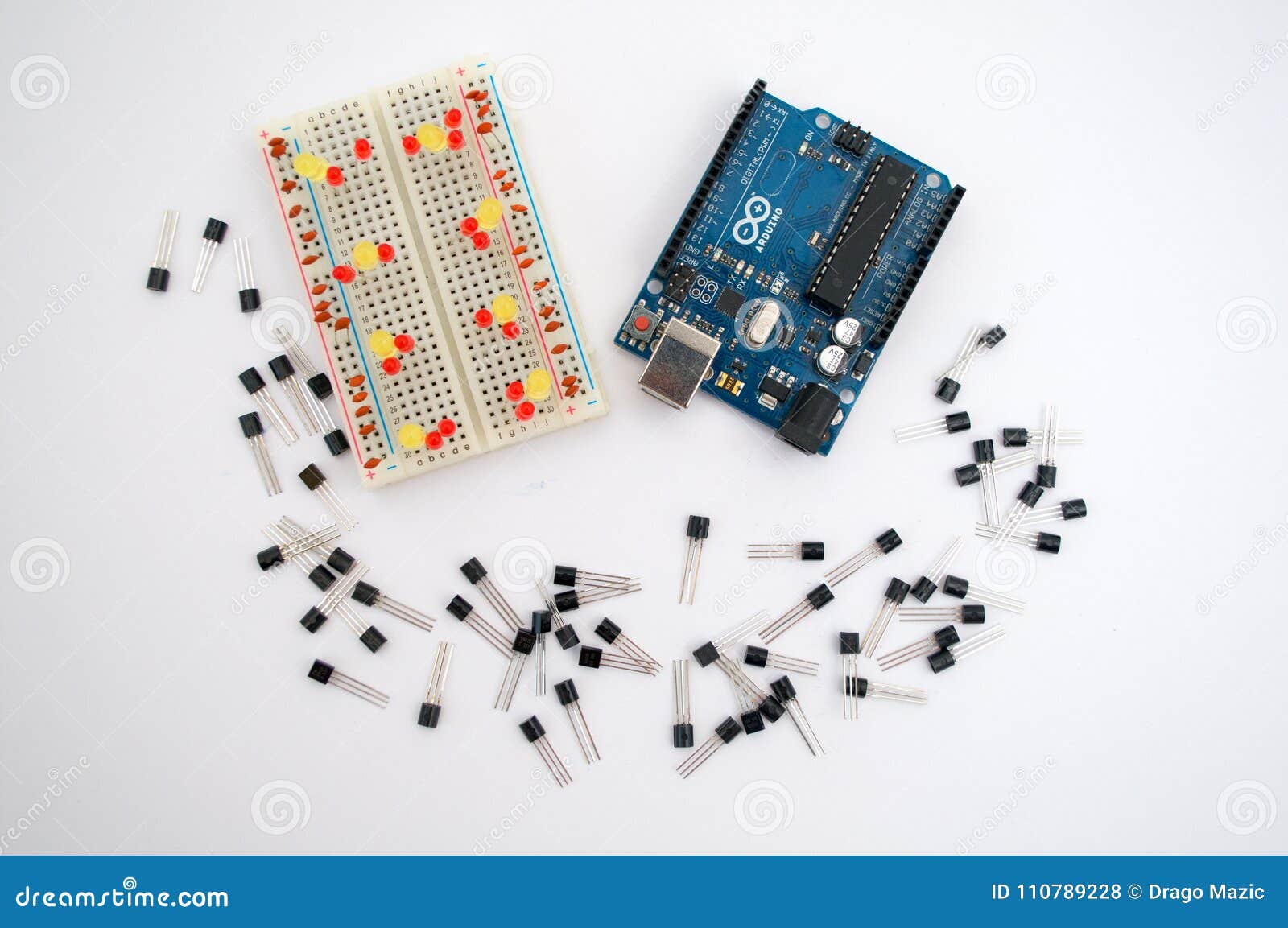 Arduino, Transistors, Protoboard with LED Lined Up Stock Photo Image