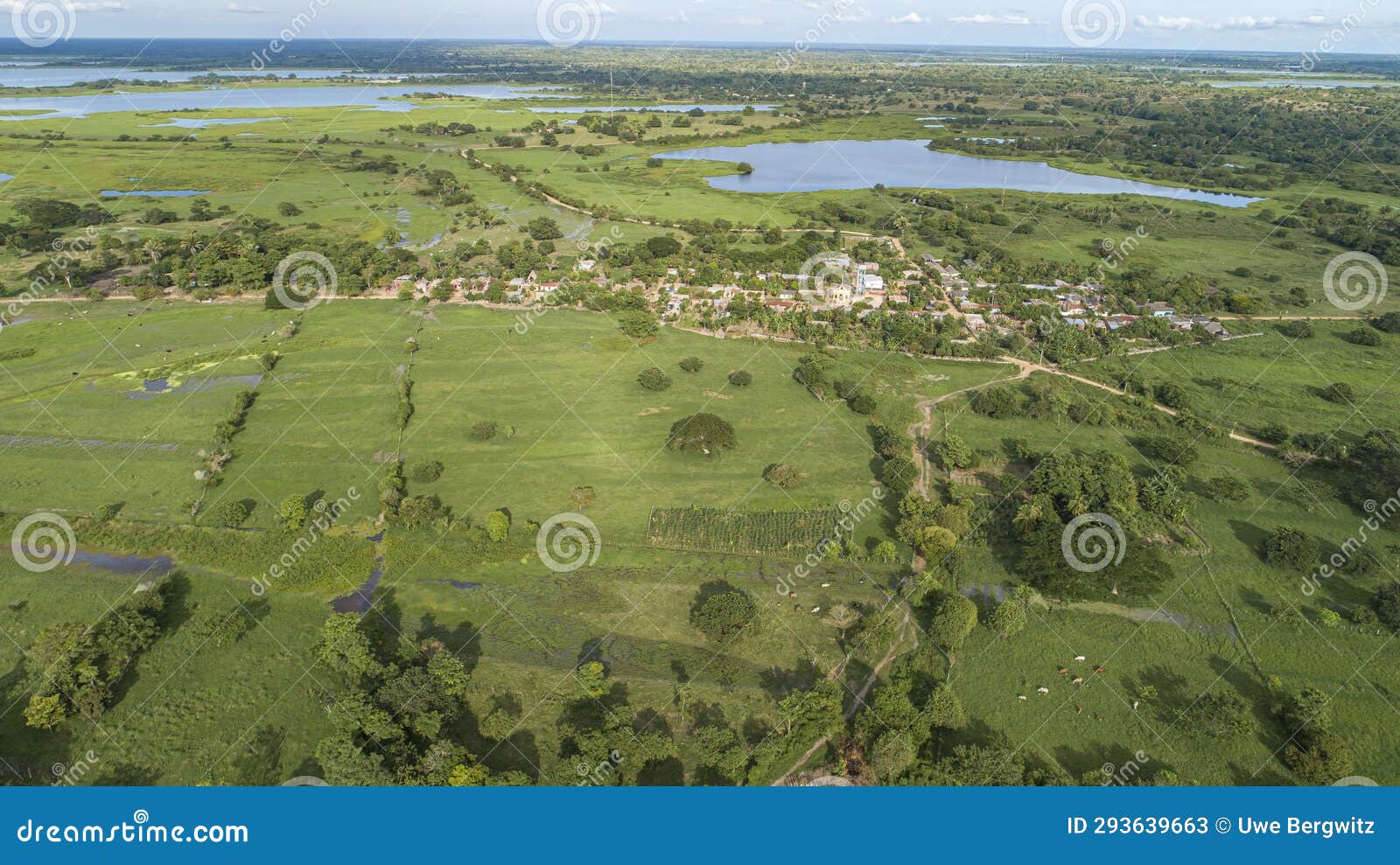 areal view of green rural landscape with lakes and waterways near mompos, colombia