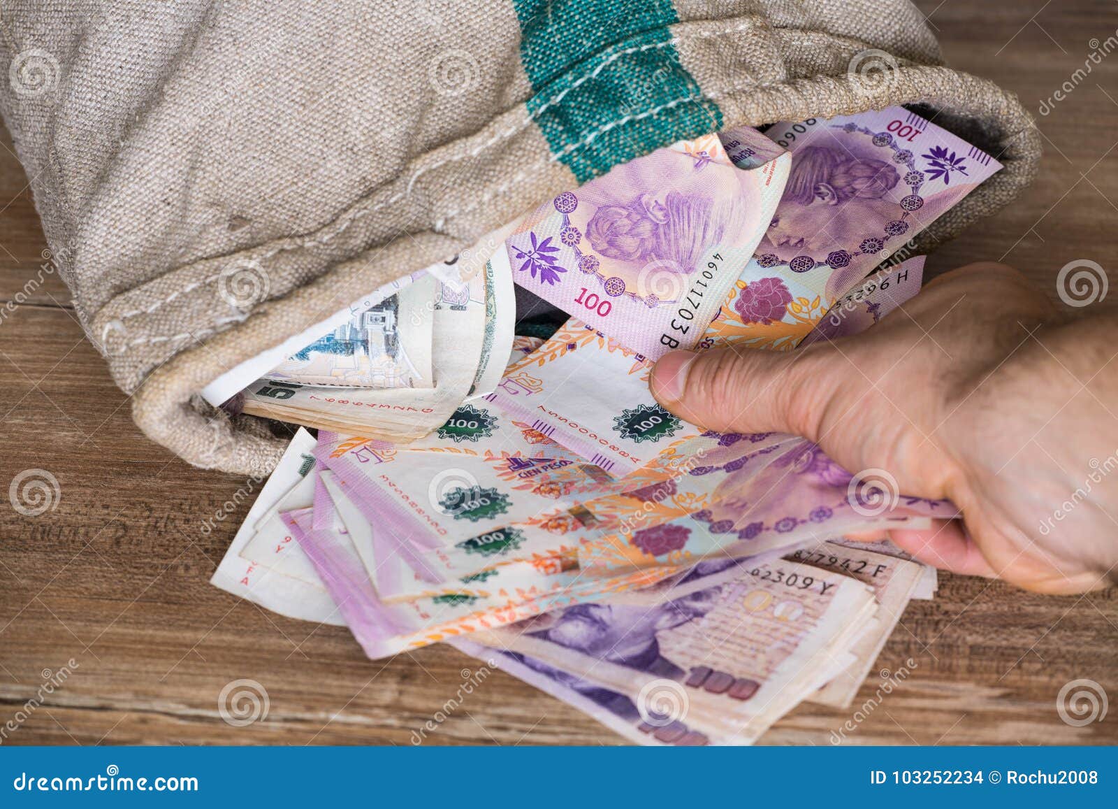 Argentinian Money / Pesos In The Bank Bag Stock Photo, Picture and