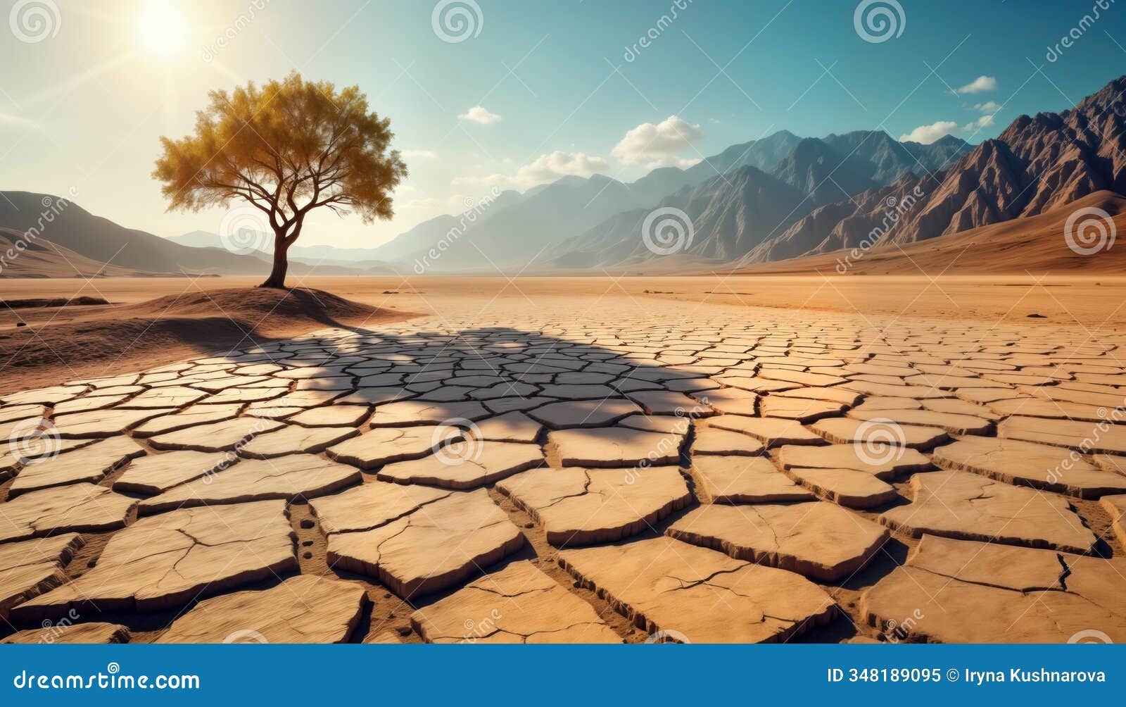 arid cracked earth landscape under clear sky. single tree stands alone. mountains form backdrop. desertification impact evident.