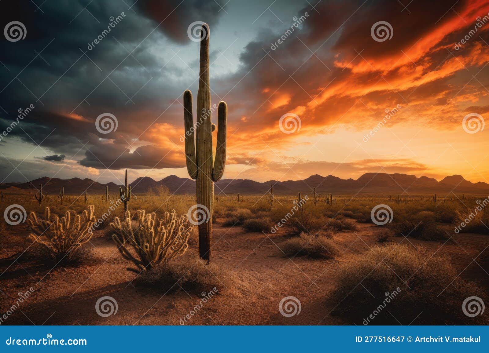 Arizona Desert Landscape at Sunset with Saguaro Cactus Stock ...