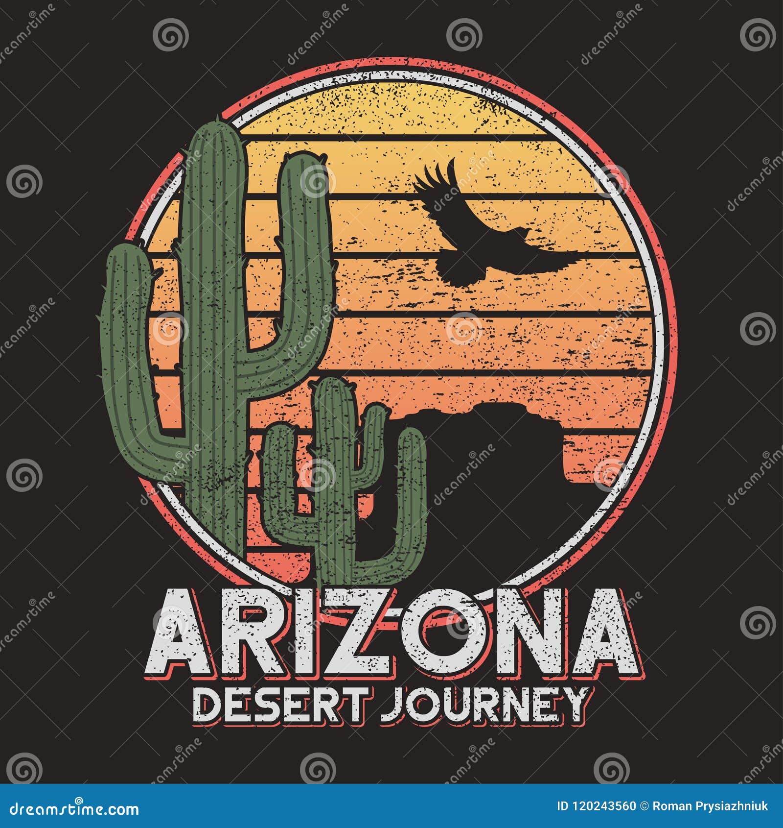 arizona t-shirt typography with cactus, mountain and eagle. vintage print for tee shirt graphics, slogan - desert journey. 