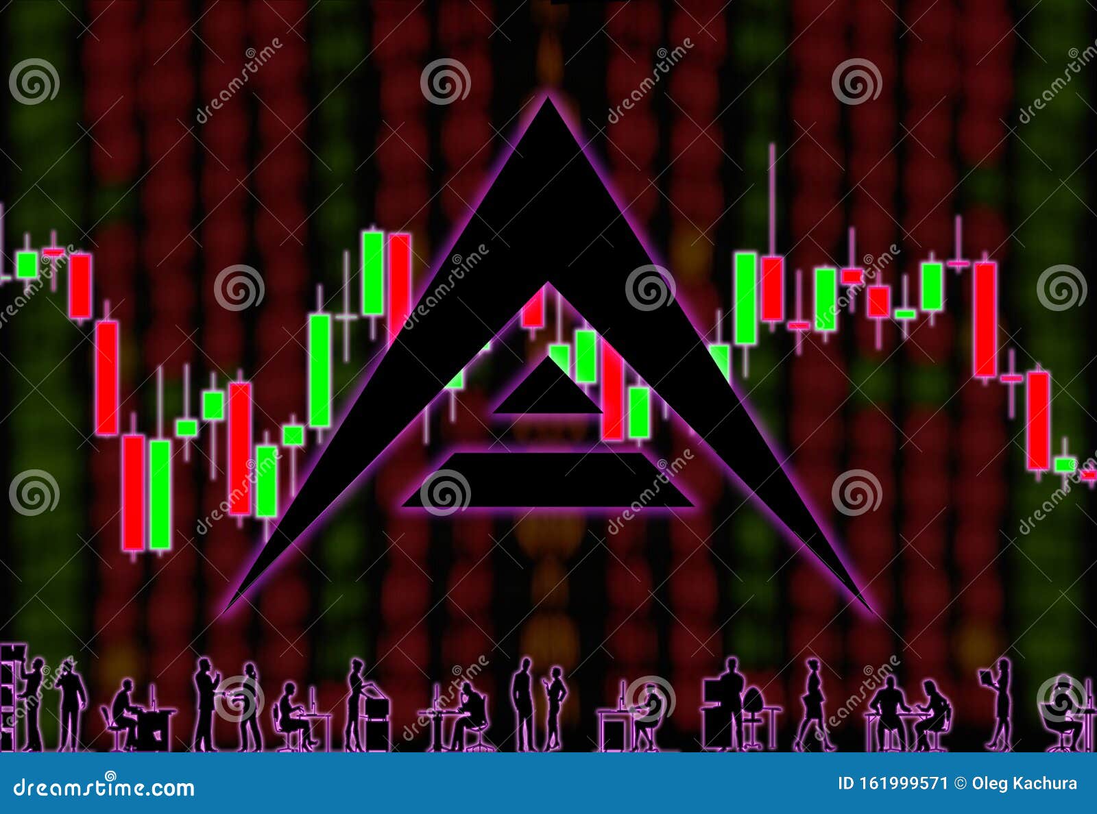 Ark Cryptocurrency. Background Of Blurry Numbers And Candlestick Chart. Silhouettes Of Office ...