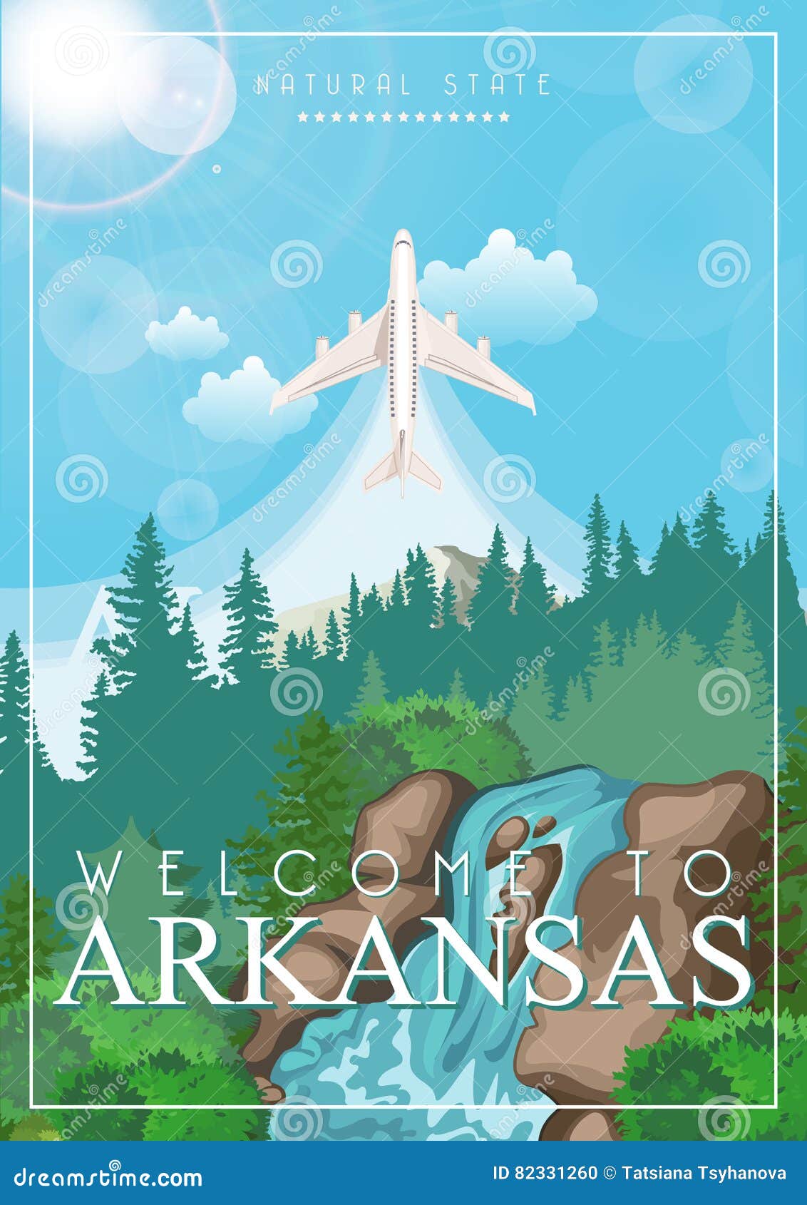 arkansas american travel banner. natural state. arkansas poster with airplane