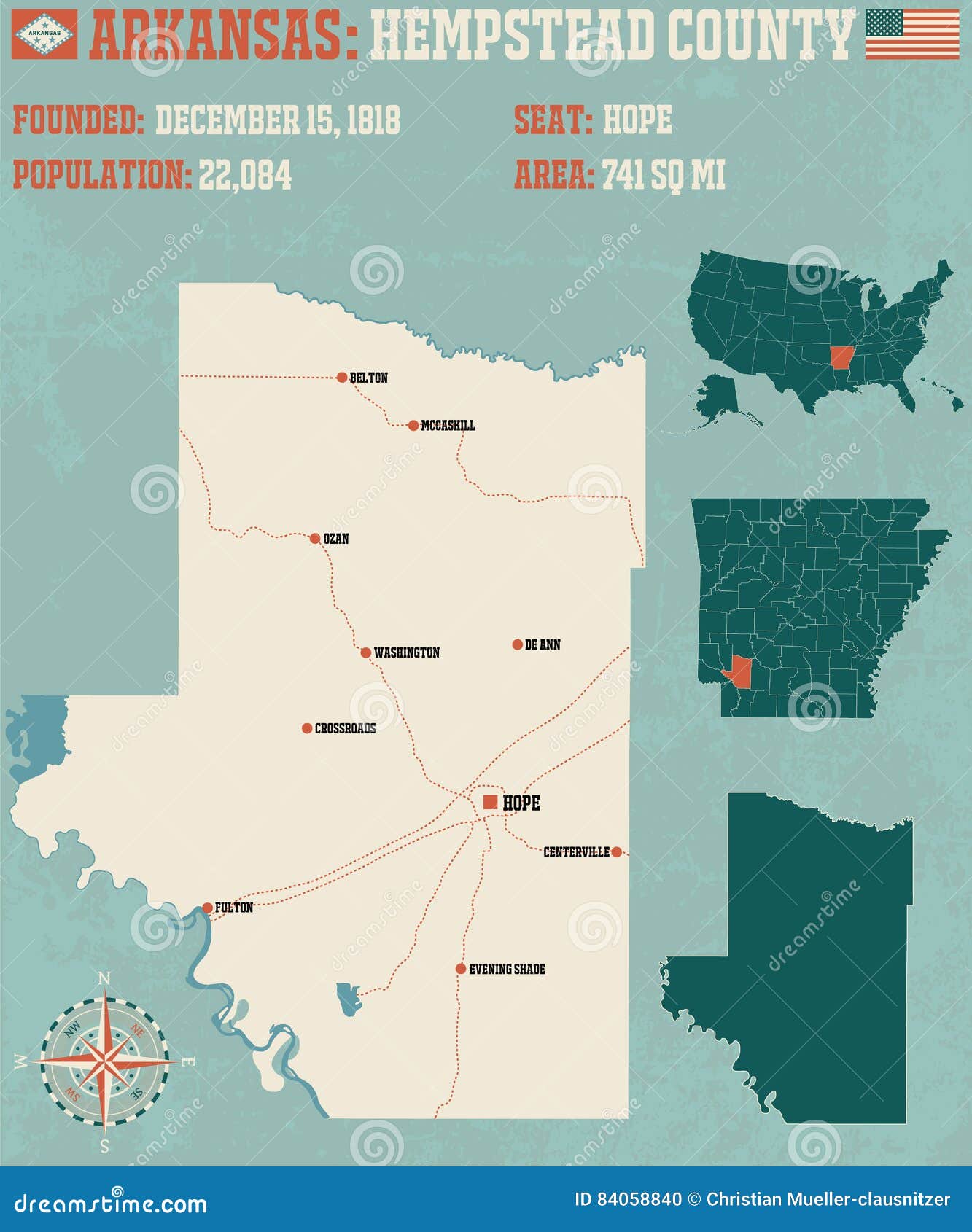 Arkansas, Hempstead County Map Cartoon Vector 96267741