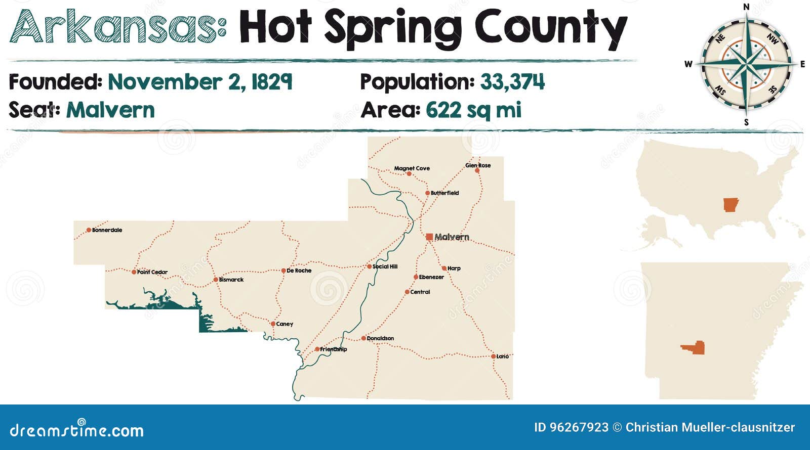 Arkansas, Hot Spring County Map Stock Vector Illustration of state