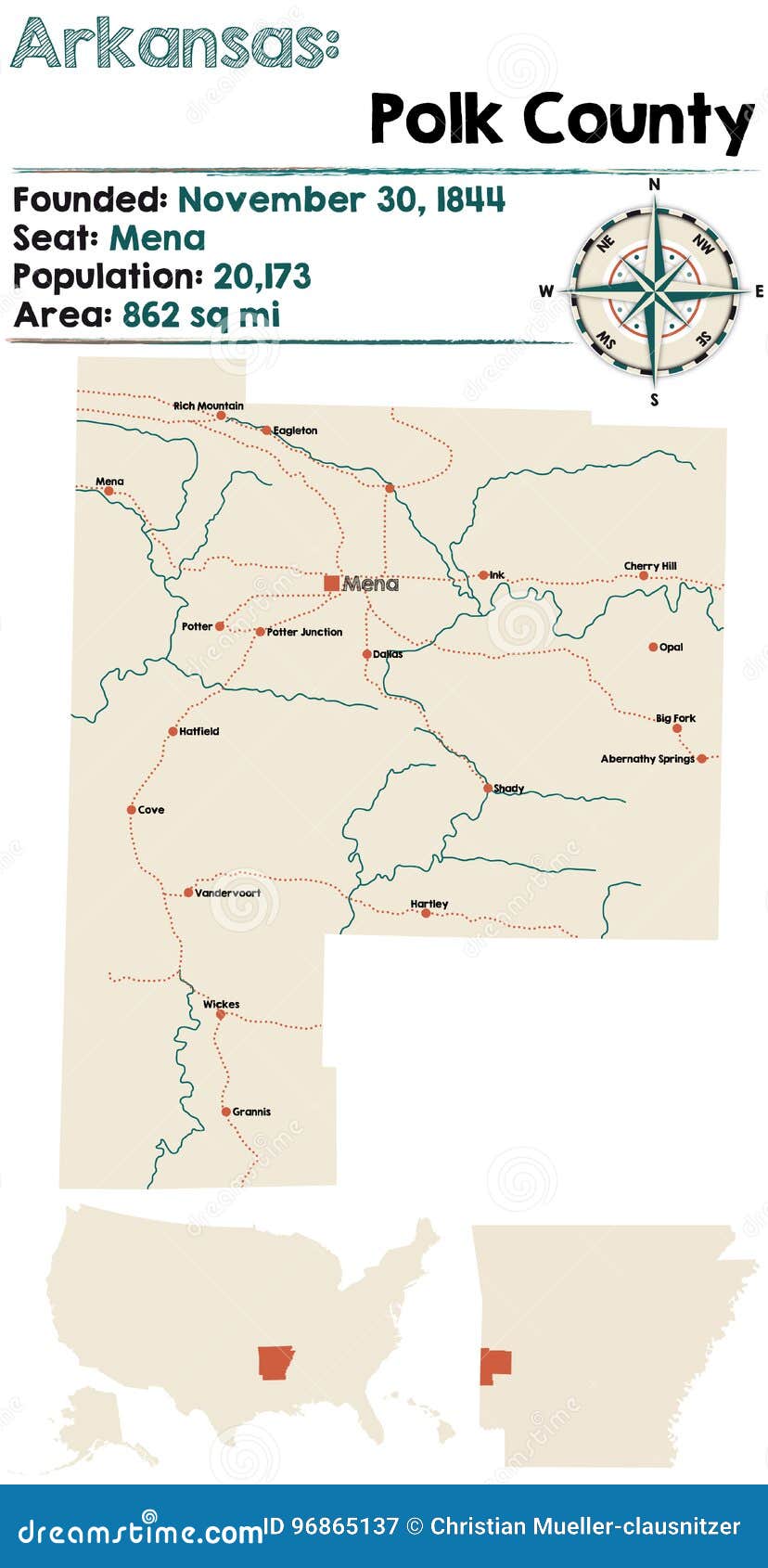 Arkansas, Polk County Map Cartoon Vector 96865137