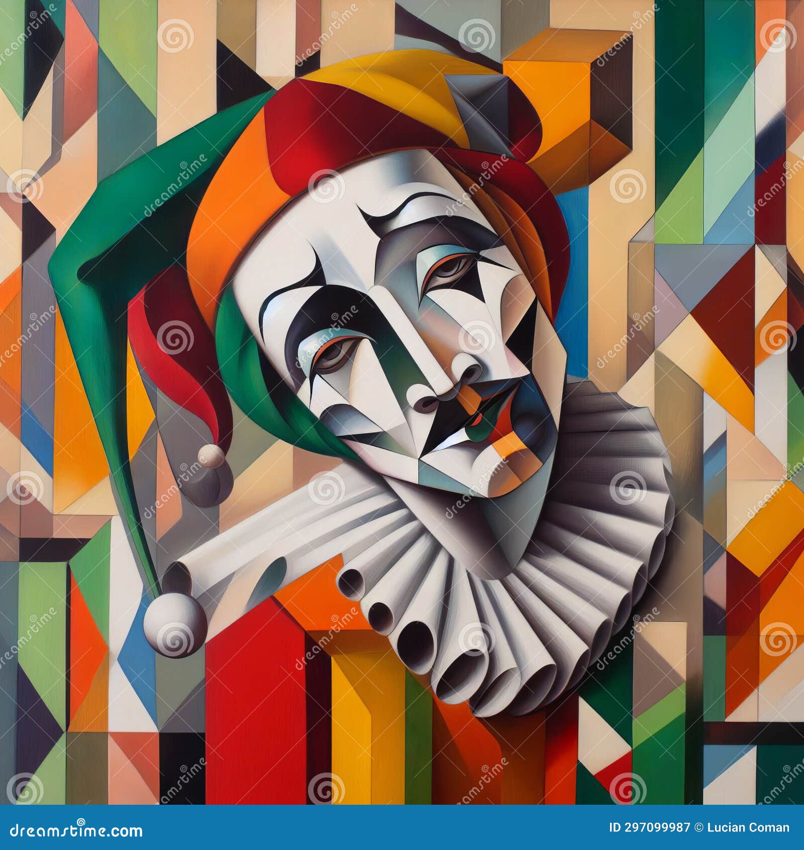 arlequin with a sad face modern painting, geometric patterns