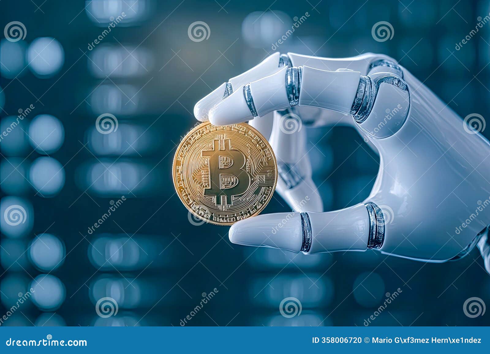 AI Generated and Arm of a Robot Picking Up a Bitcoin Coin Stock  Illustration - Illustration of artificial, generated: 358006720