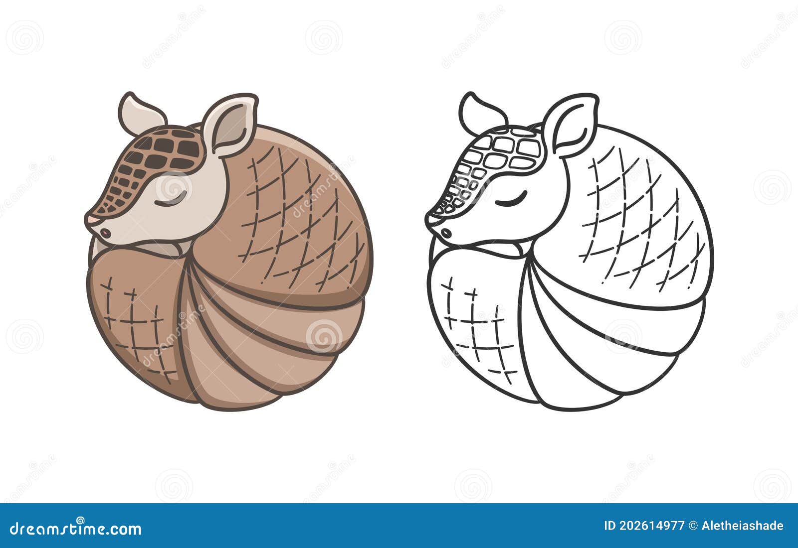 Armadillo Sleeping and Rolled Up into a Ball Cartoon Vector Illustration.  Colored and Outline Set Stock Vector - Illustration of black, asleep:  202614977