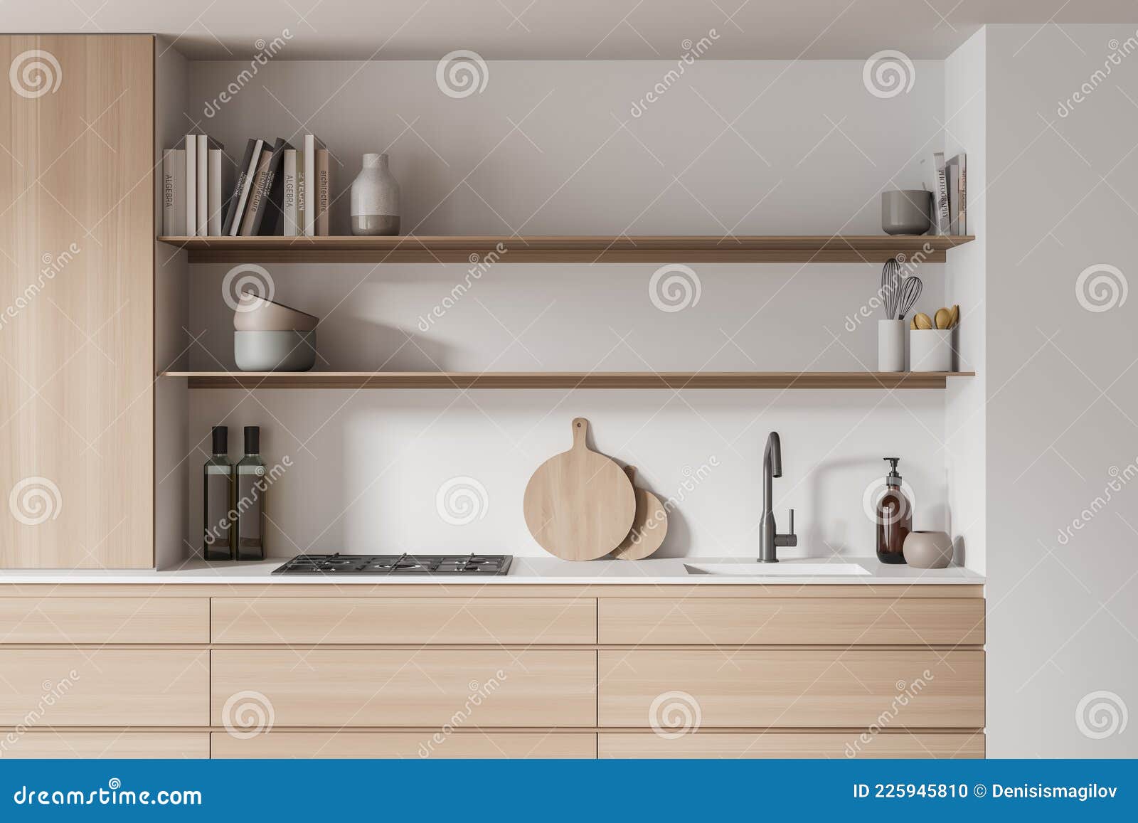 Armadio Da Cucina Bianco Leggero Con Ripiani Aperti. Vista Di Chiusura  Illustrazione di Stock - Illustrazione di aperto, modulare: 225945810