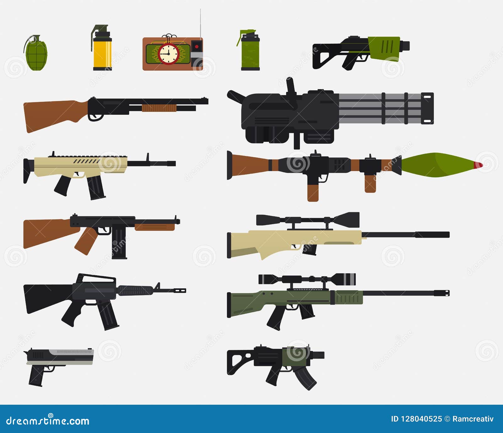 Armas automáticas. armas de jogo de batalha. pistola, espingarda e  lançador, rifles. coleção de armas de vetor dos desenhos animados