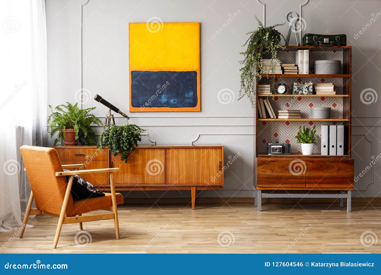 Armchair Next To Wooden Cupboard with Plants in Retro Flat Interior ...