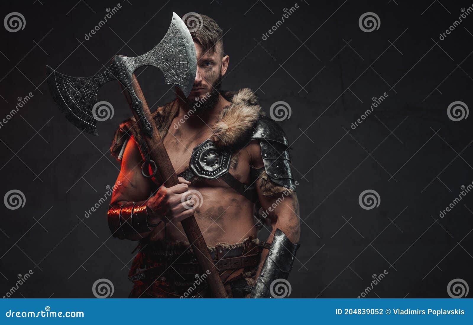 Nordic Warrior in Light Armour with Huge Axe in Dark Background Stock ...