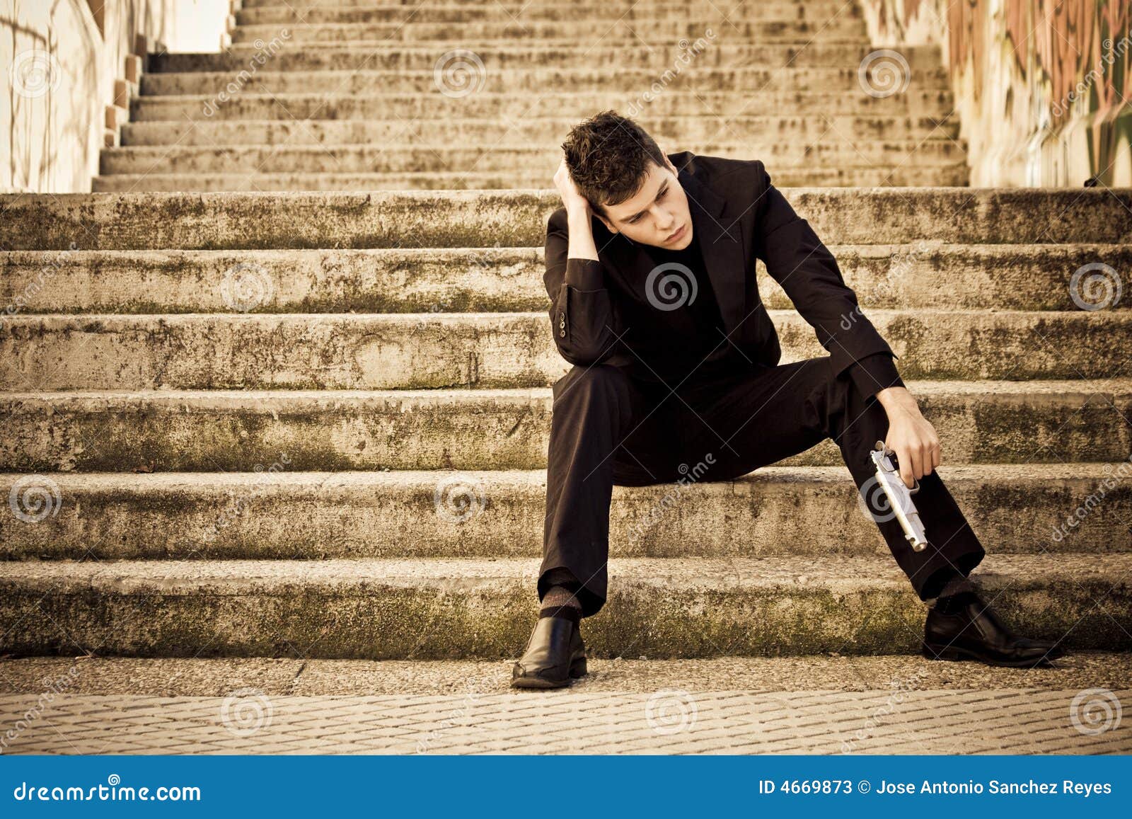 armed man in stairs