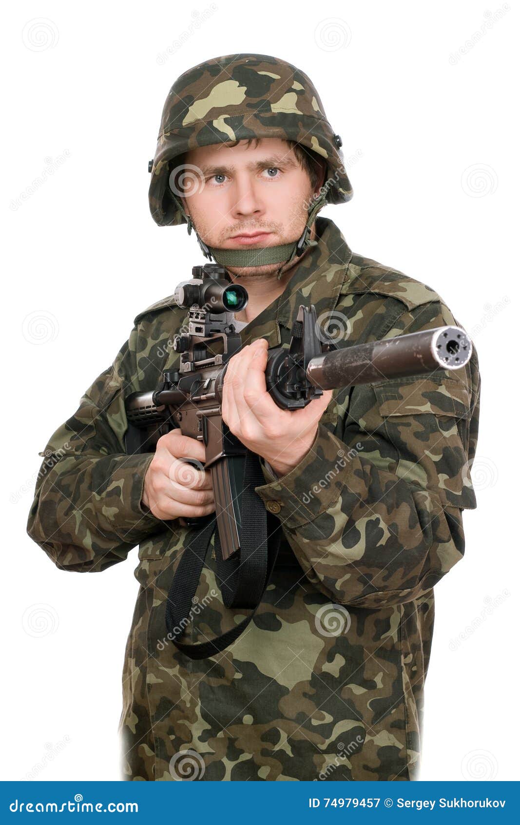 Armed Soldier Pointing M16. Upperhalf Stock Image Image of helmet, belt 74979457