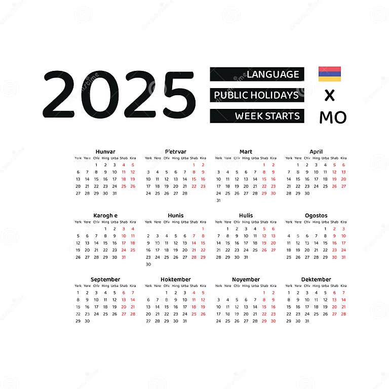 Armenia Calendar 2025. Week Starts from Monday. Vector Graphic Design